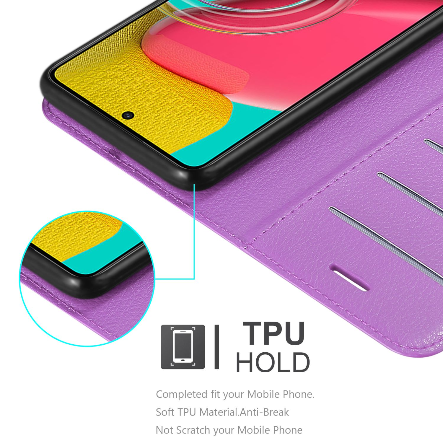 Custodia viola per telefono, aperta, con telefono dentro. Supporto TPU.