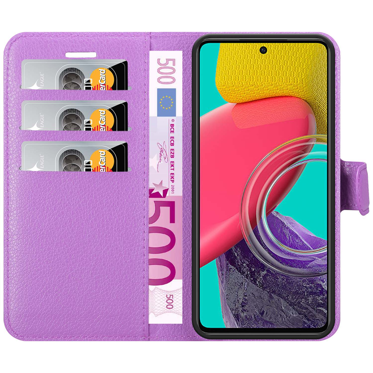 Custodia per telefono viola aperta con carte e denaro. Schermo del telefono visibile, che mostra immagini colorate.