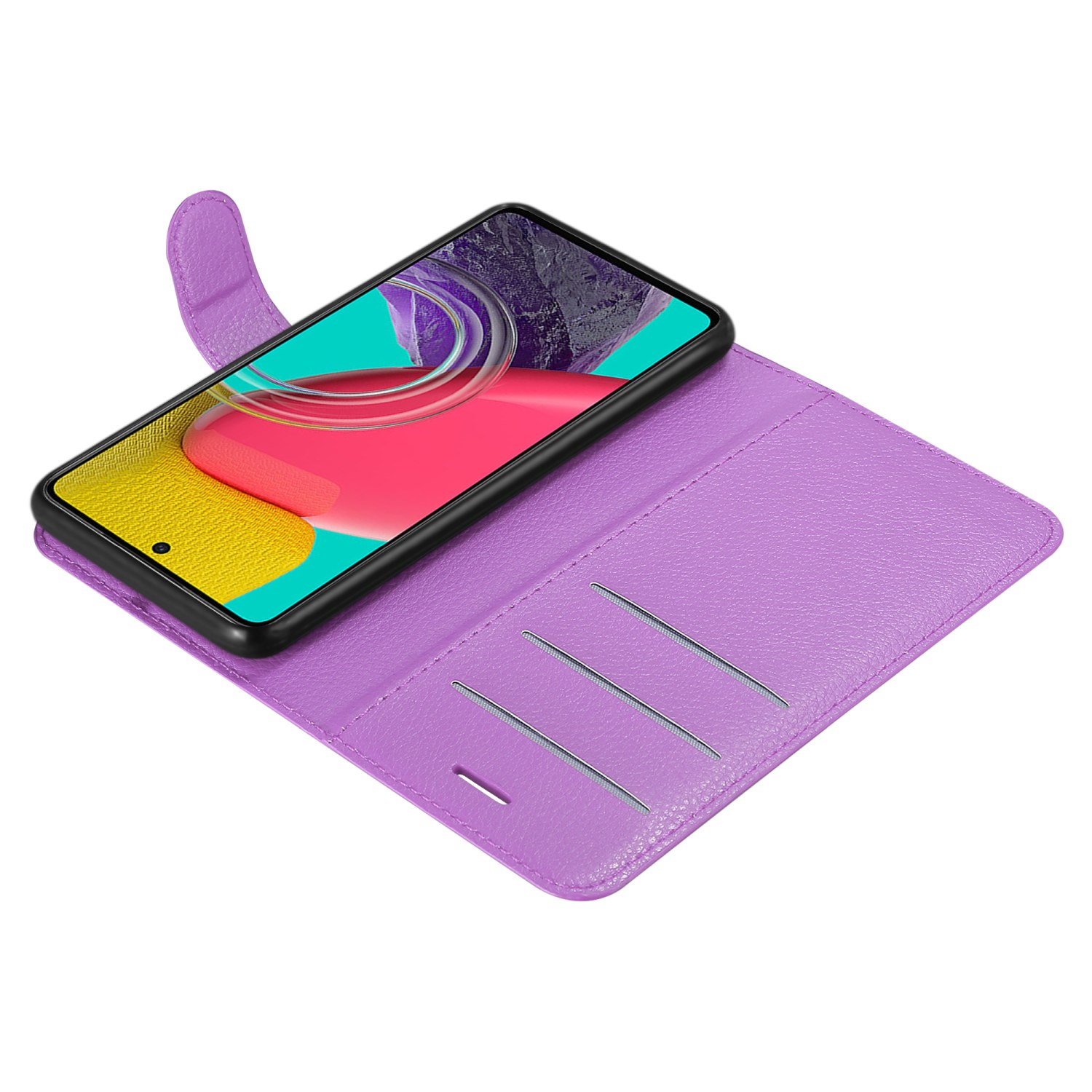 Custodia per telefono viola, aperta, con un telefono all'interno. Sono visibili tre fessure per carte.