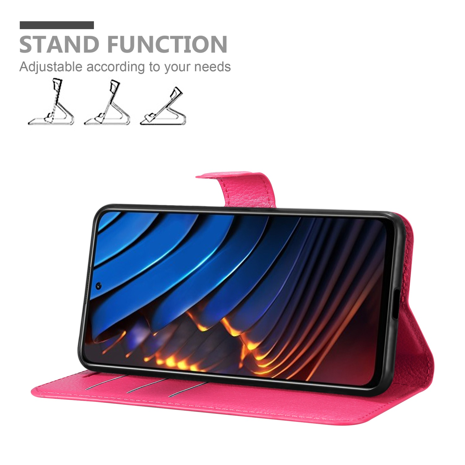 Custodia a portafoglio rosa. Telefono sollevato. Funzione stand mostrata con tre icone.