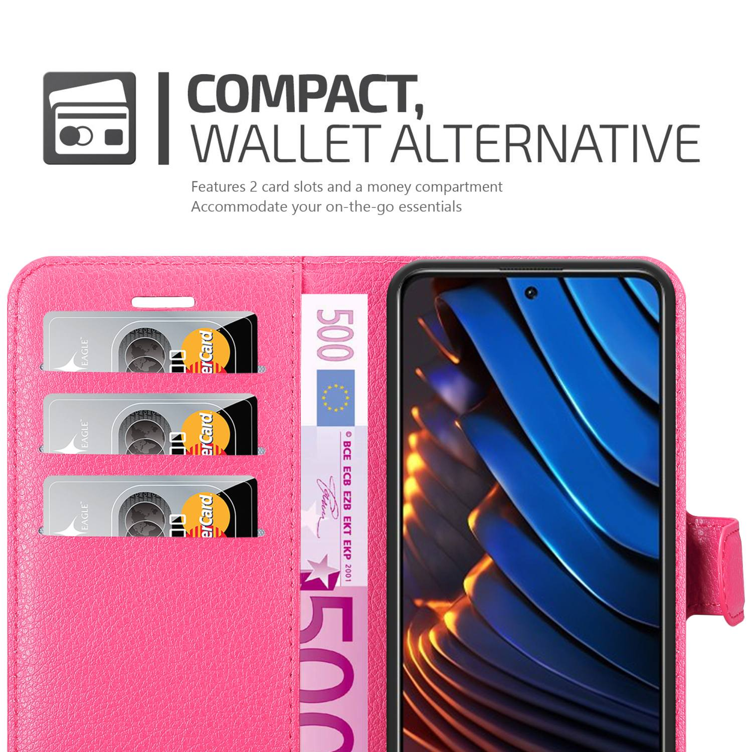 Custodia rosa per telefono, aperta. All'interno, carte e denaro. Testo: Compatto, alternativa al portafoglio.
