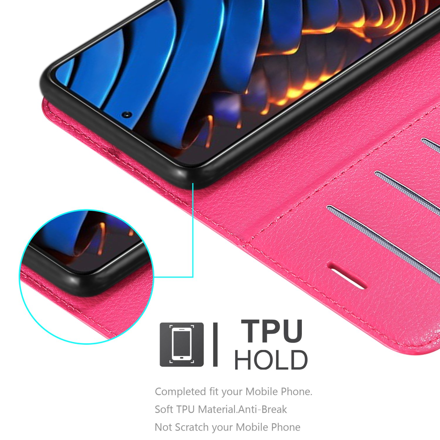 Custodia rosa per telefono con supporto in TPU. Il telefono è visibile all'interno della custodia, con un primo piano del bordo.