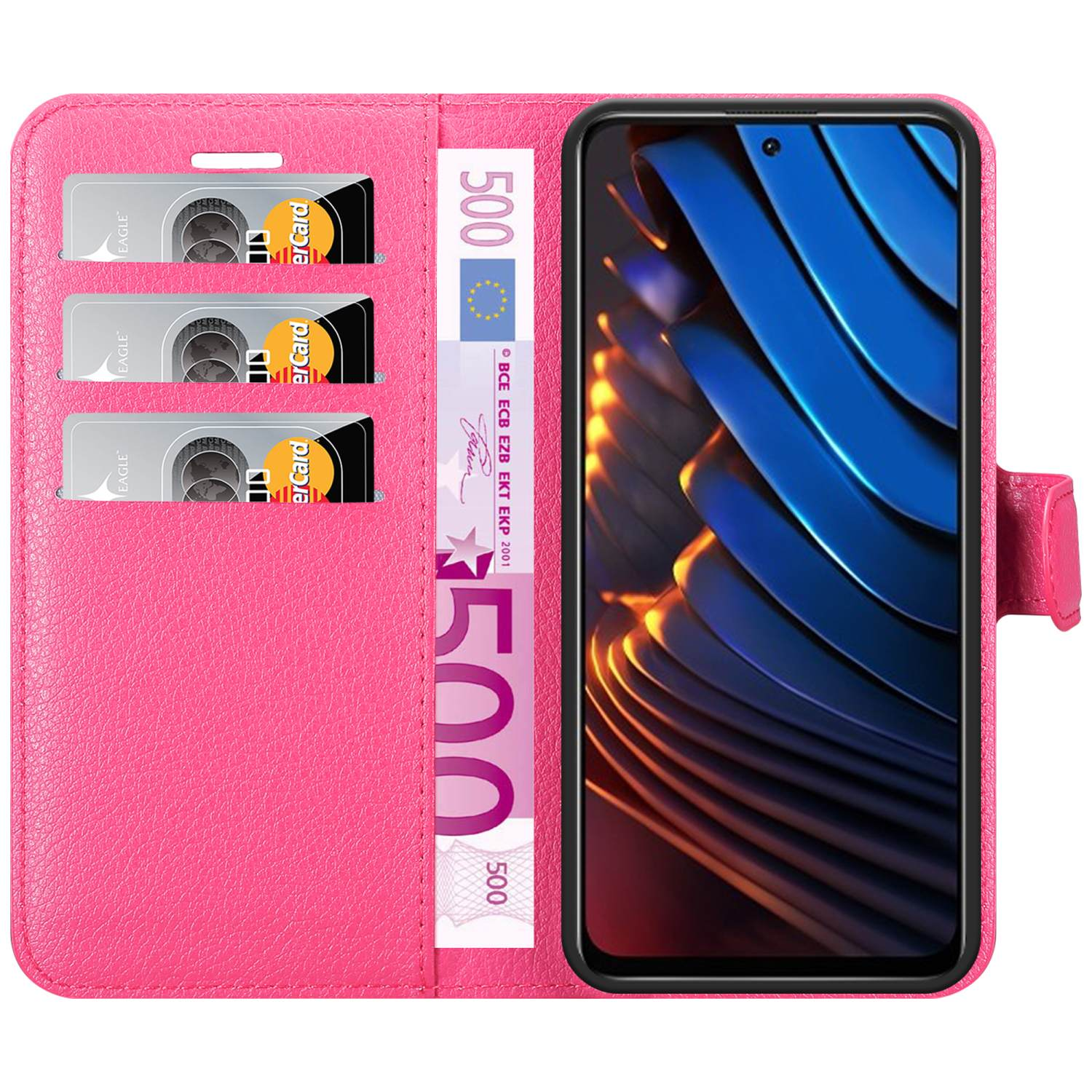 Portafoglio rosa per telefono, telefono all'interno con carte e denaro. Portafoglio aperto mostra telefono e contenuto.