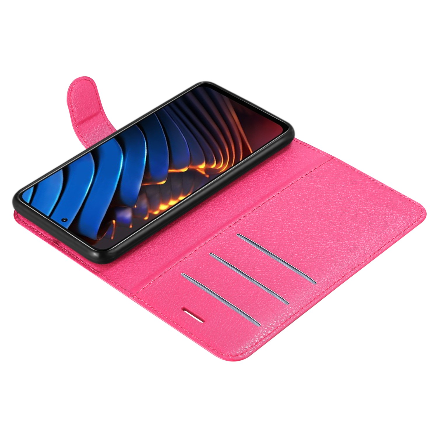 Custodia per telefono rosa con telefono all'interno. Tre fessure per carte visibili. Sfondo bianco.