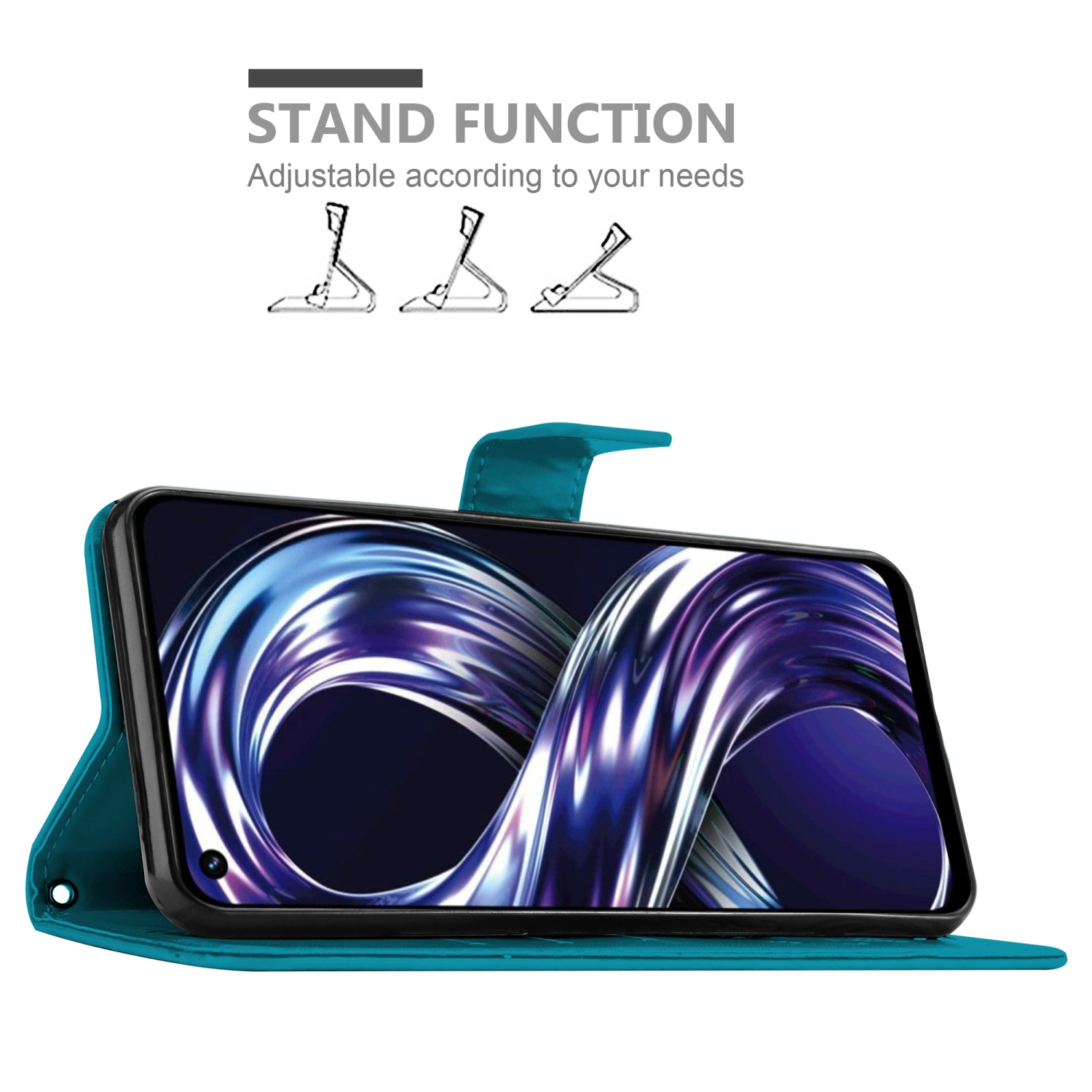 Una custodia turchese con telefono all'interno, aperta per mostrare lo schermo. Funzione stand mostrata.