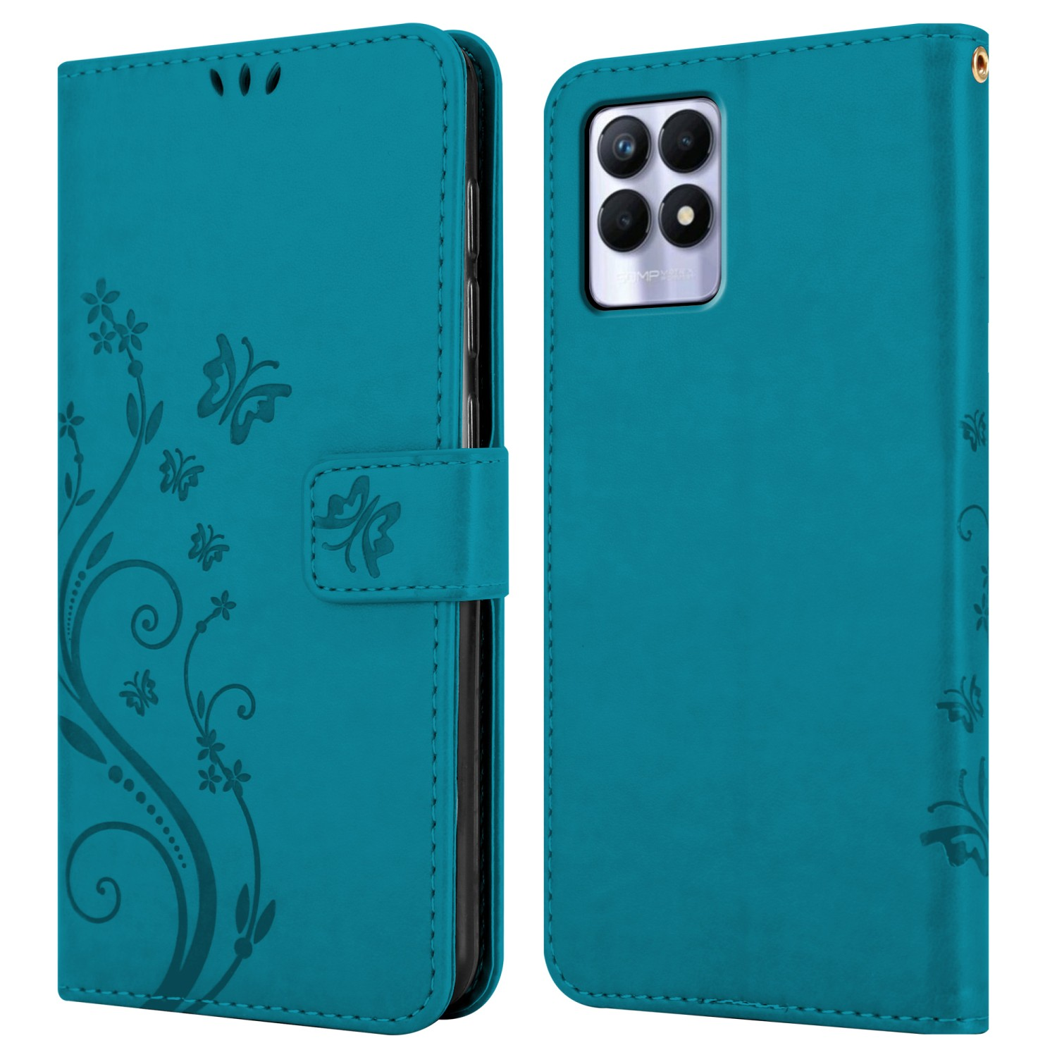Custodia per telefono turchese con design a farfalla, aperta che mostra il telefono. Ha una chiusura magnetica.