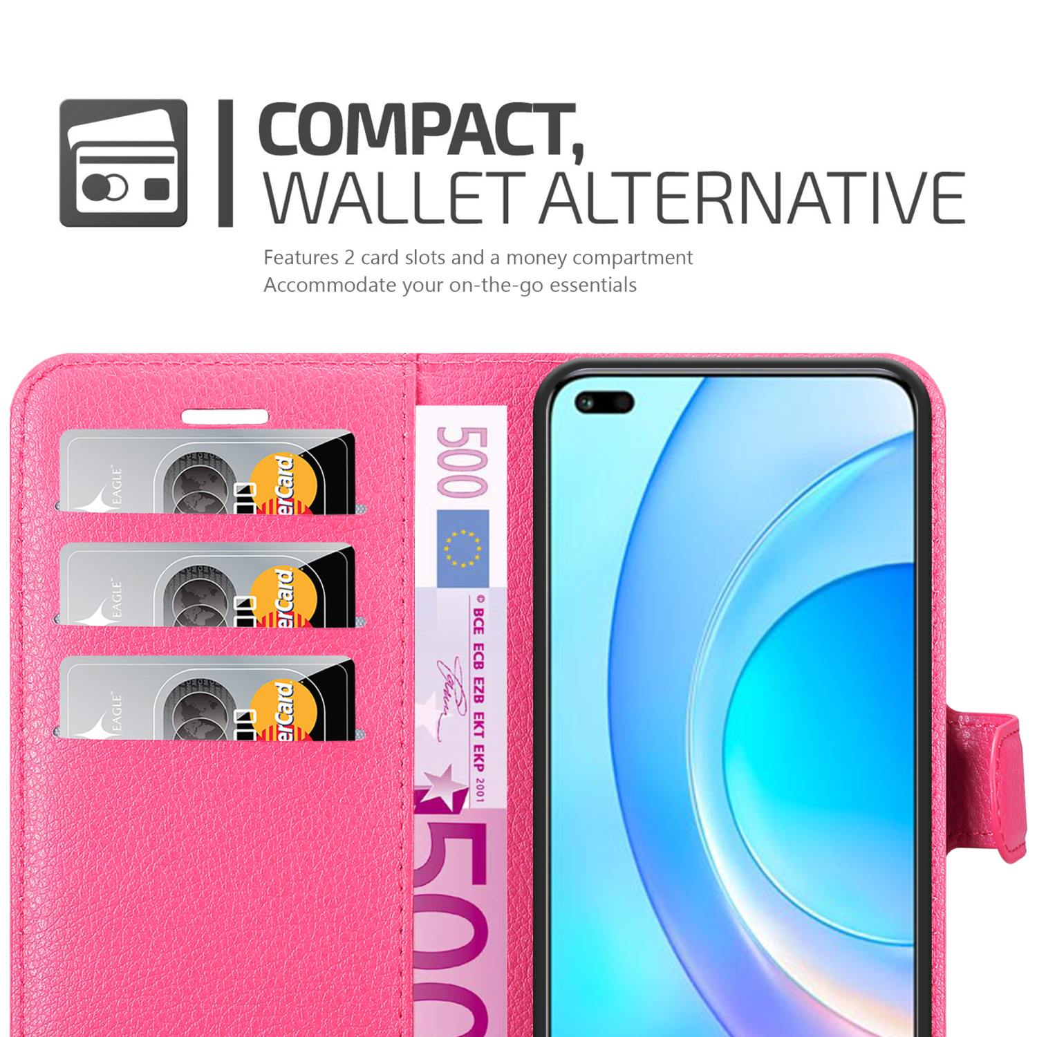 Custodia a portafoglio rosa con telefono e denaro all'interno. Con scomparti per carte. Telefono visibile.
