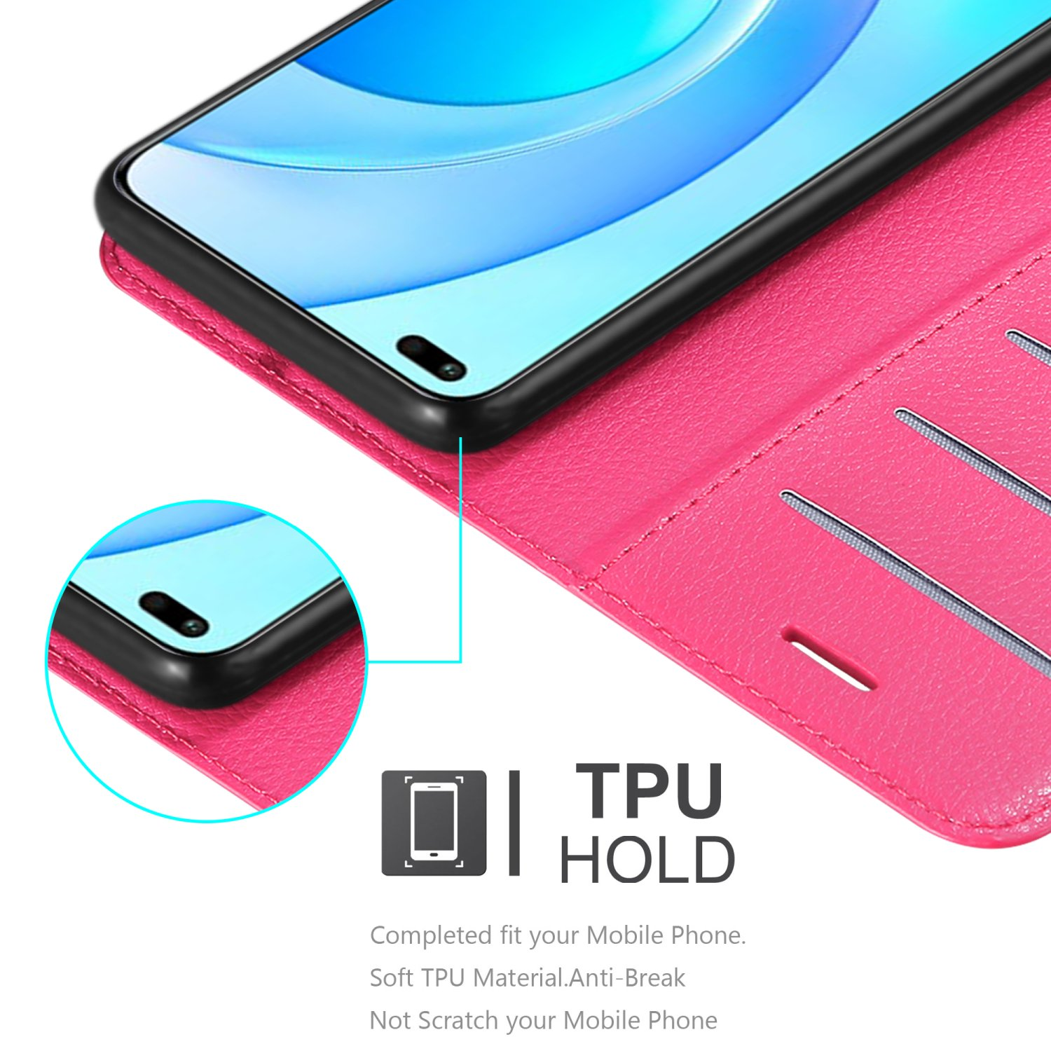 Custodia per telefono rosa acceso aperta, che mostra un telefono all'interno. Con logo TPU HOLD.