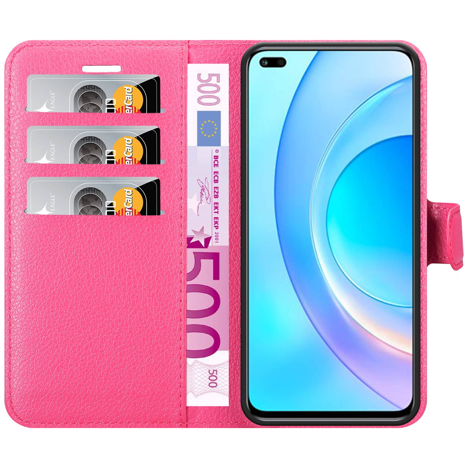Custodia per telefono rosa aperta con telefono, 3 fessure per carte e una banconota da 500 euro.