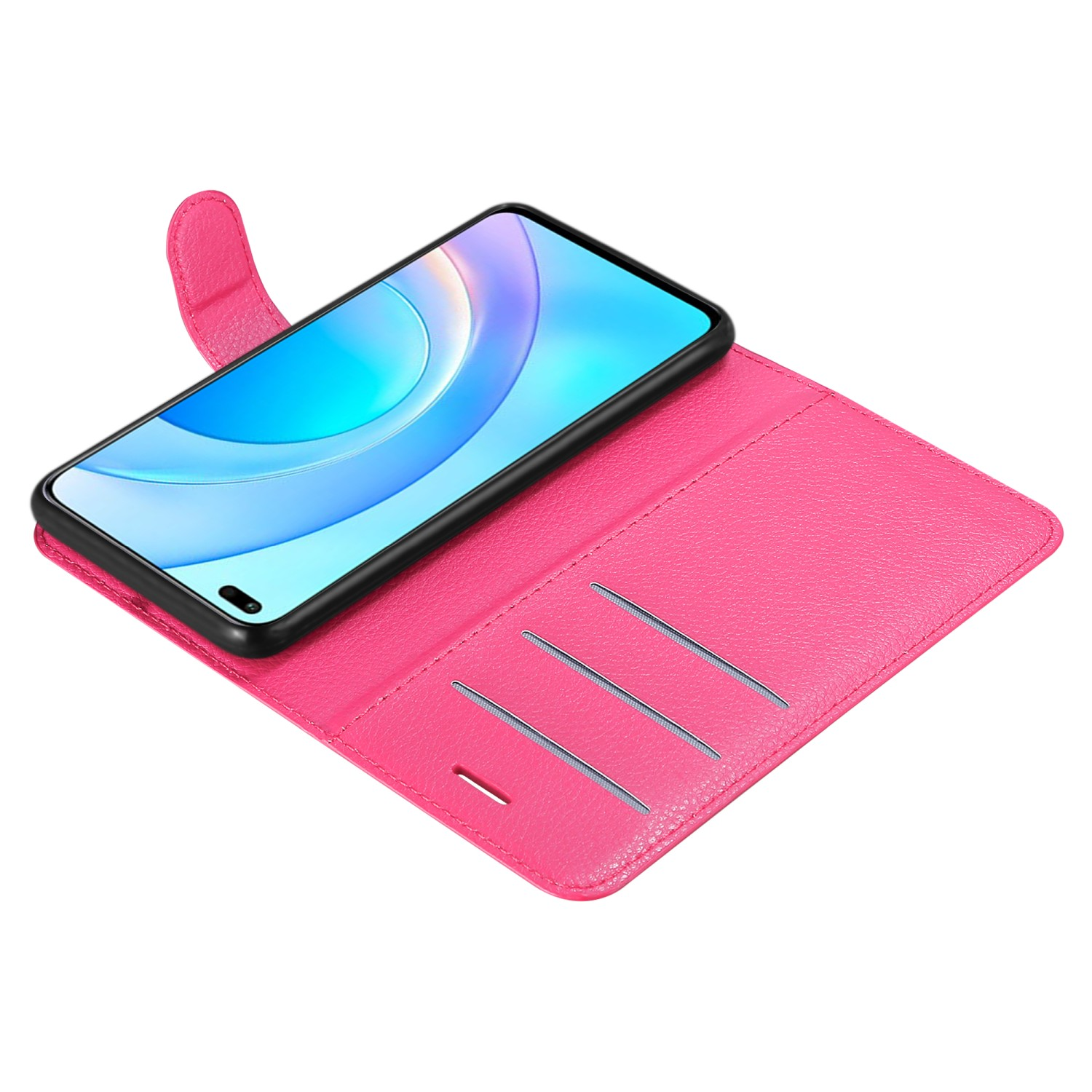Custodia rosa per telefono con tre fessure per carte. Telefono all'interno. Custodia aperta su sfondo bianco.