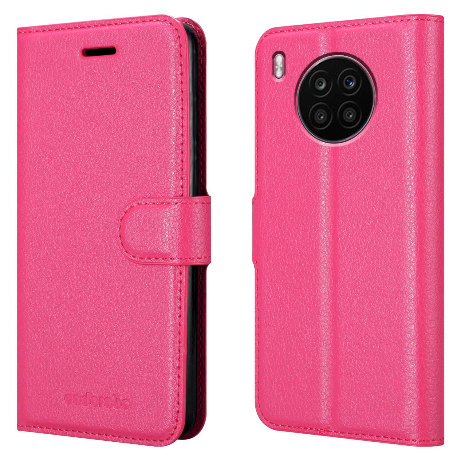 Custodia rosa per telefono aperta, che mostra entrambi i lati. Chiusura magnetica e foro fotocamera.