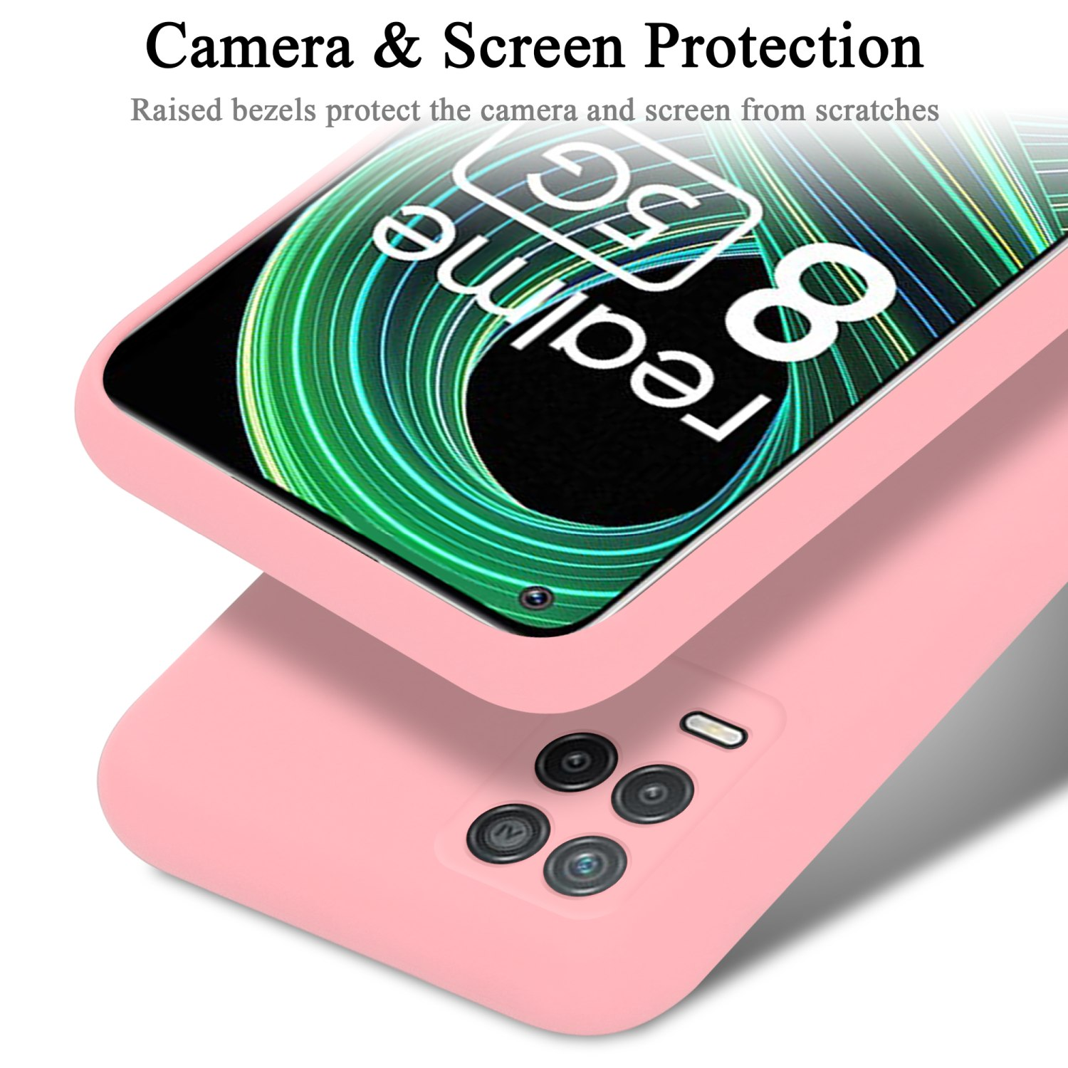 Una custodia per telefono rosa con un telefono all'interno. Il telefono ha protezione per fotocamera e schermo.