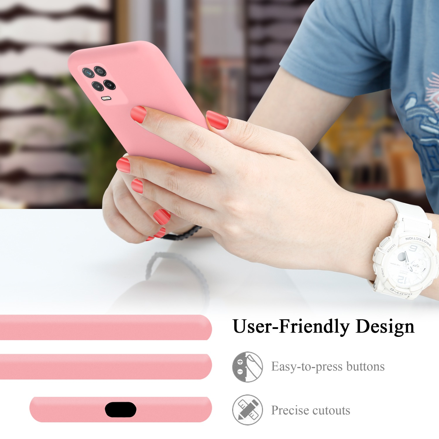 Mani di una donna che tiene una custodia per telefono rosa. Testo: Design intuitivo.