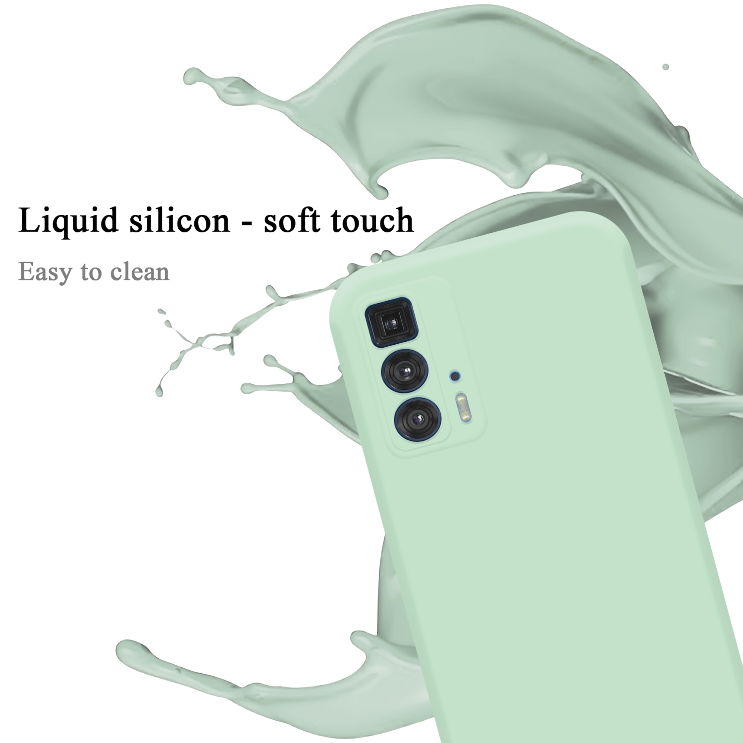 Una custodia per telefono verde chiaro, con uno spruzzo di liquido sullo sfondo.