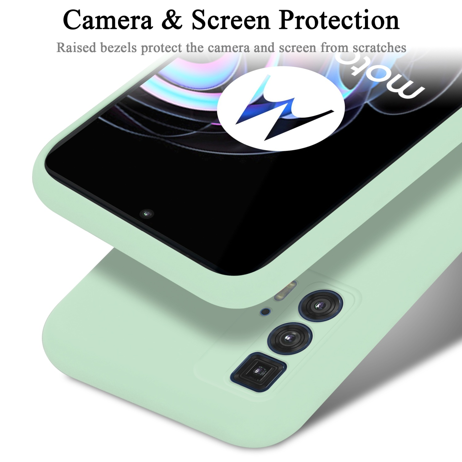 Custodia per telefono verde con telefono all'interno, che mostra i dettagli della fotocamera. Concetto di protezione.
