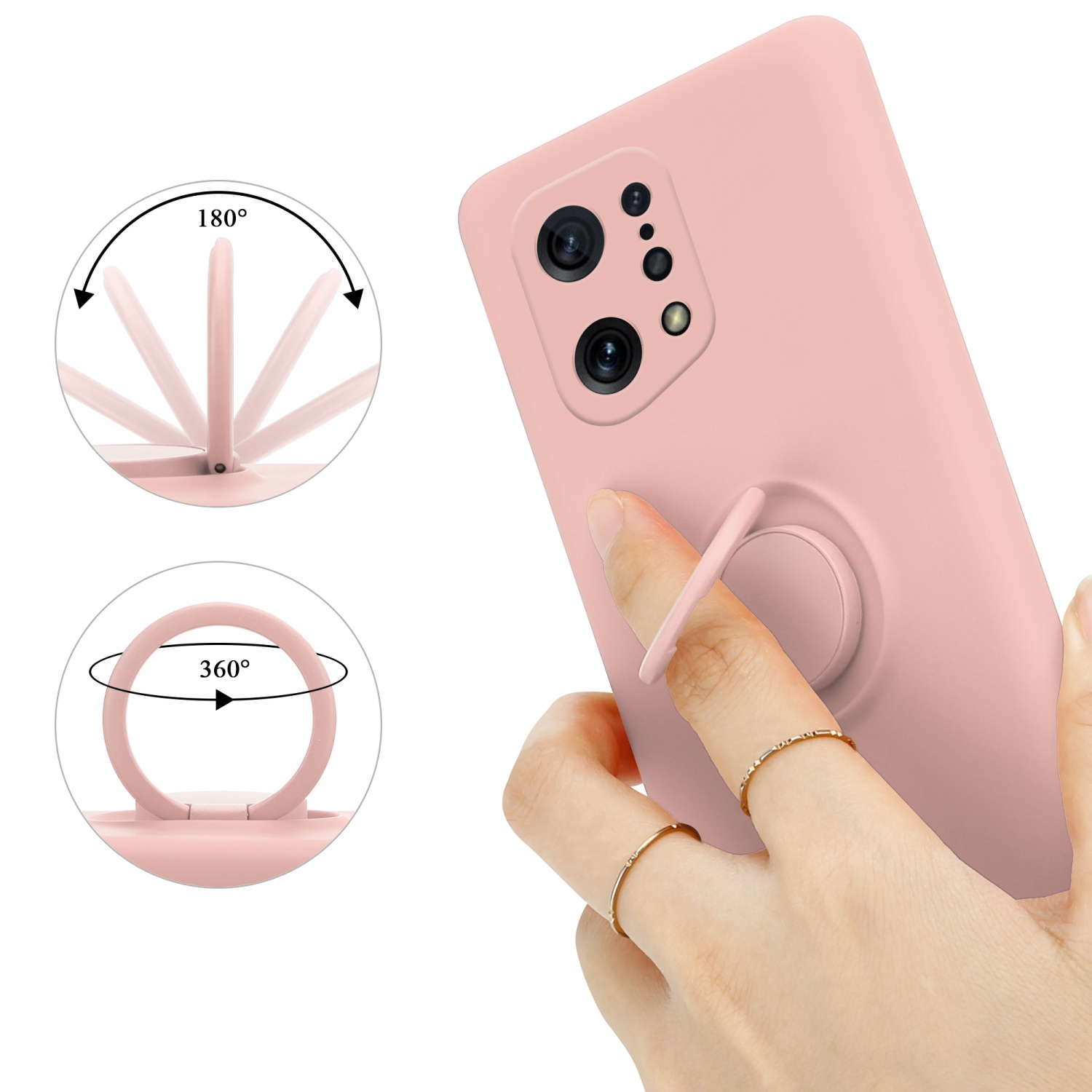 Una funda rosa para teléfono con soporte de anillo. Una mano sostiene el soporte.
