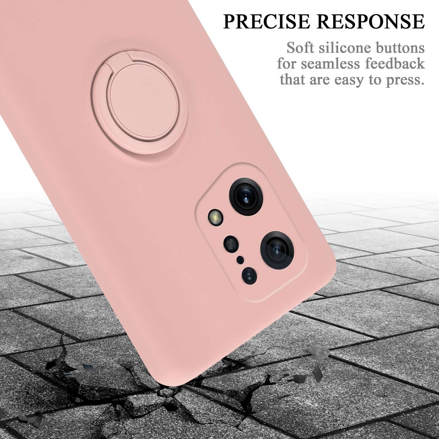 Funda rosa para teléfono con soporte de anillo. Texto: Respuesta precisa. Botones de silicona.