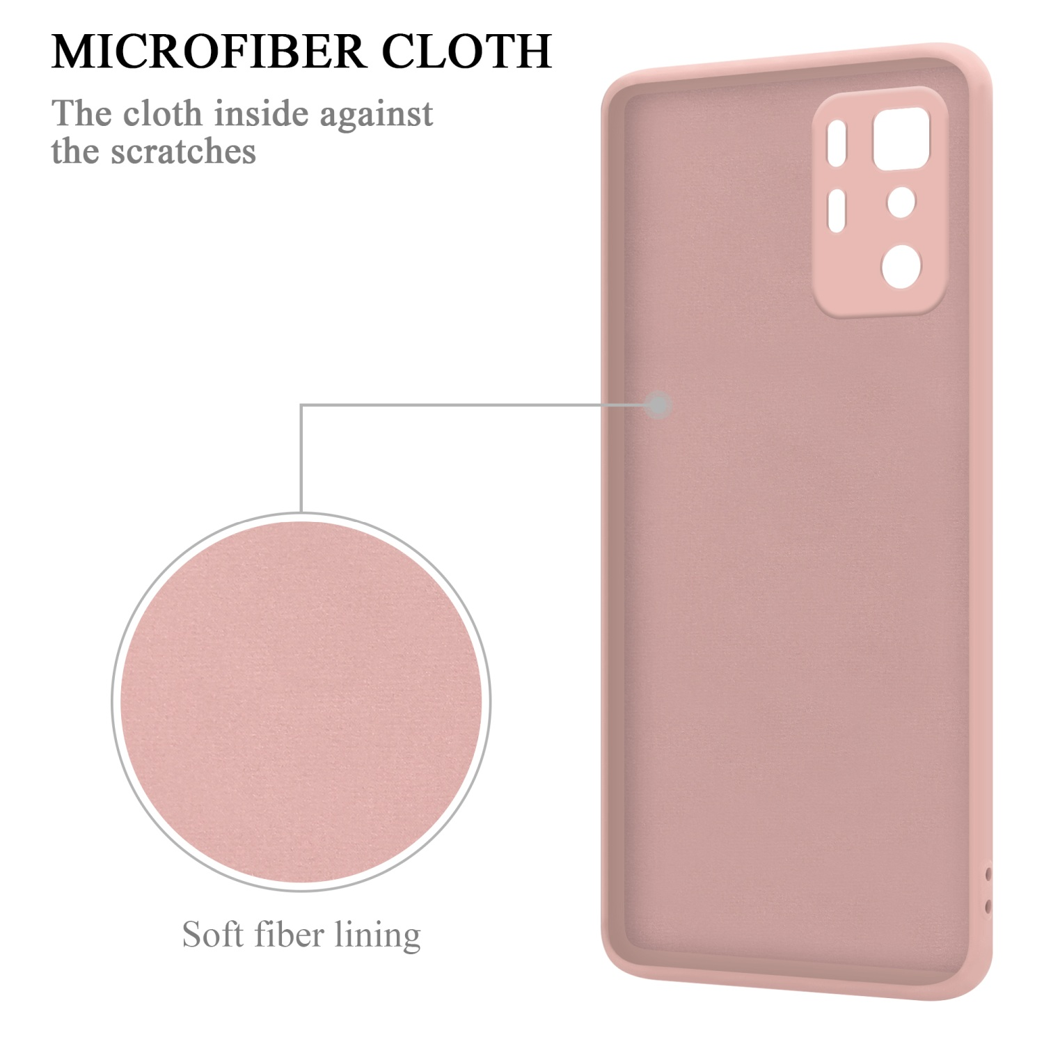 Interno di una custodia per telefono rosa con texture in tessuto di microfibra. Il tessuto all'interno contro i graffi.