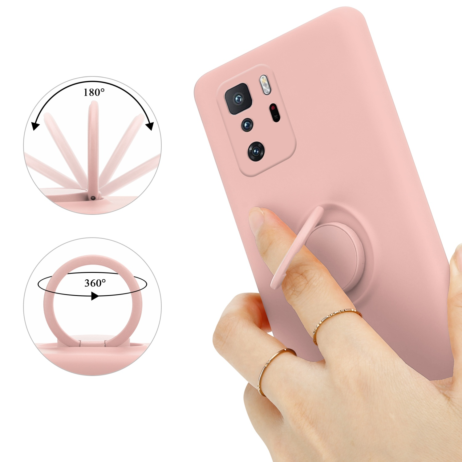 Custodia rosa con anello, mano con anello. Sfondo: bianco.
