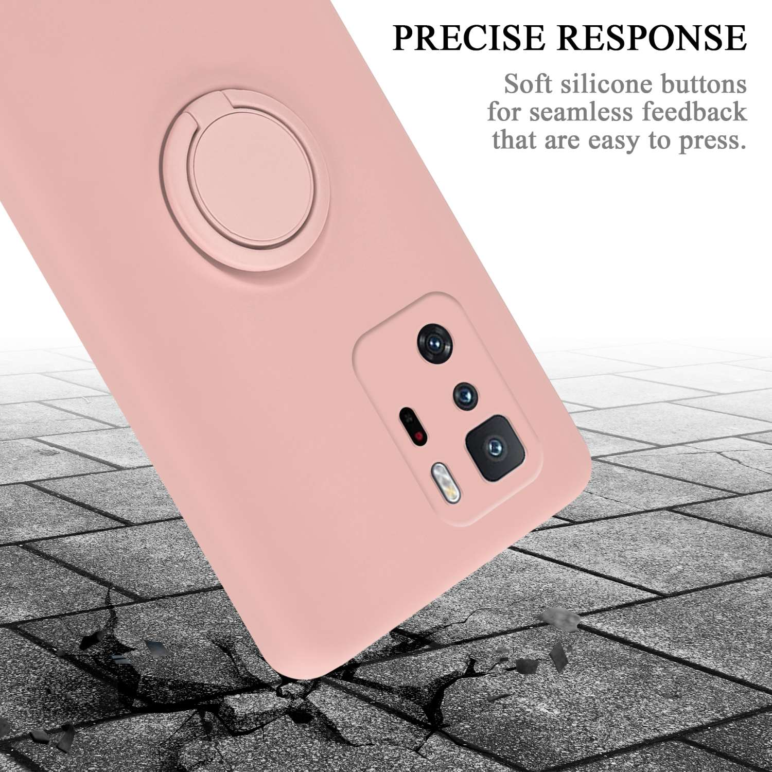 Custodia per telefono rosa, angolata, con telefono e terreno incrinato.