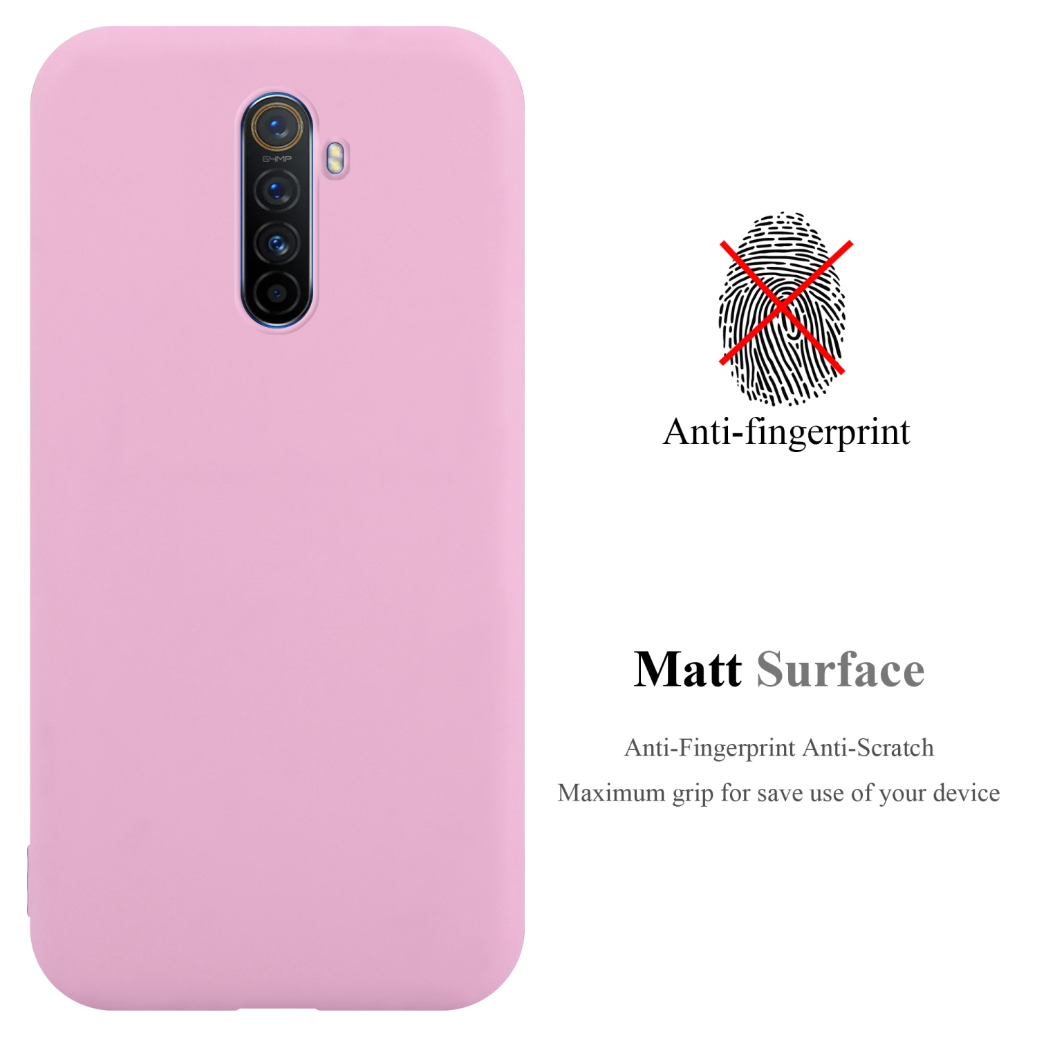 Custodia per telefono rosa con un telefono all'interno e un simbolo di impronta digitale con una croce rossa.