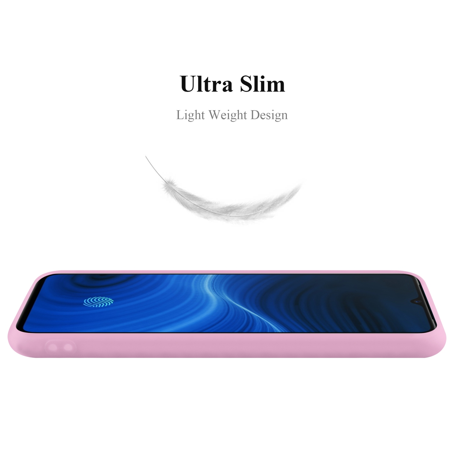 Custodia per telefono rosa. Una piuma fluttua sopra. Testo 'Ultra sottile' e 'Design leggero'.
