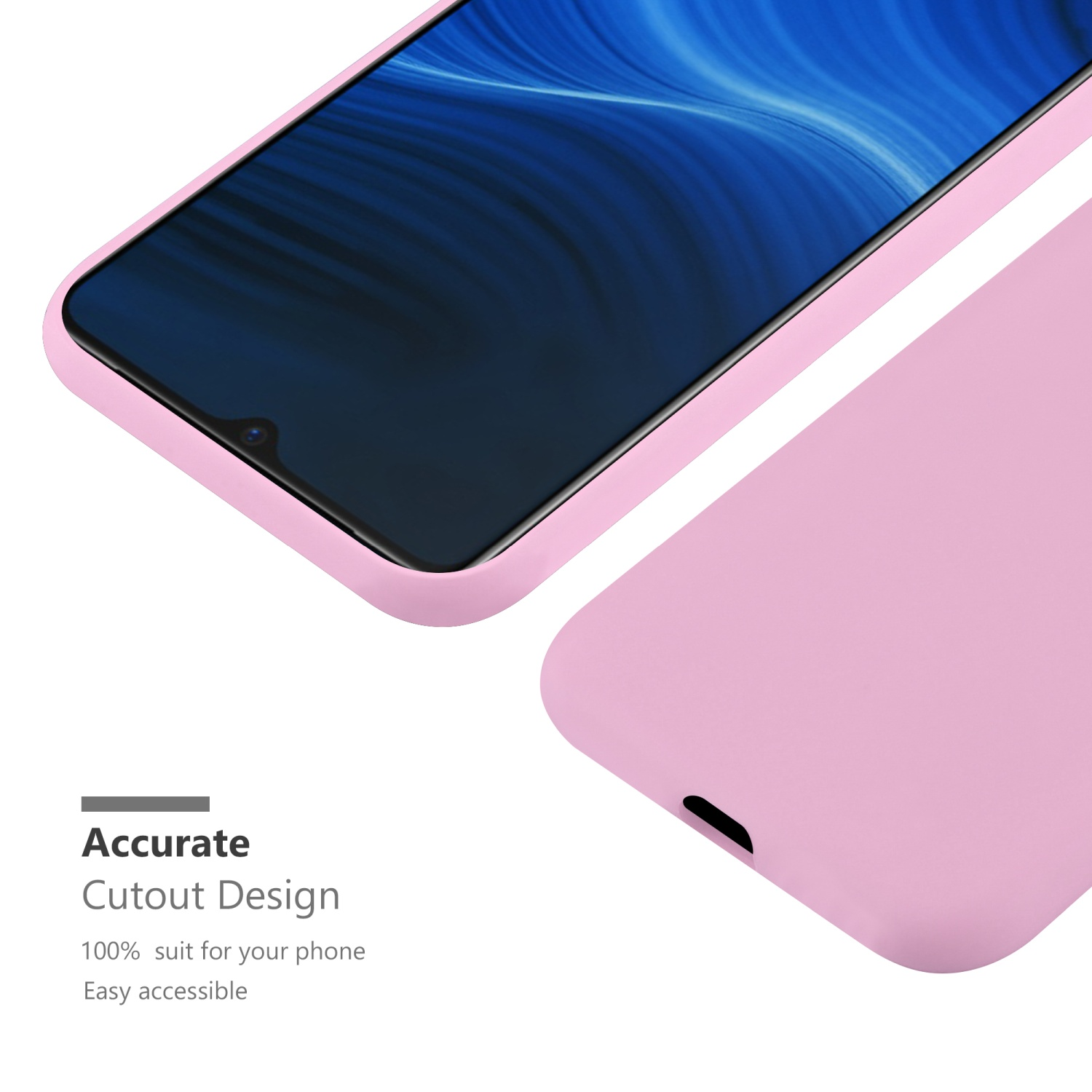 Custodia rosa con telefono. Testo: Accurate Cutout Design.