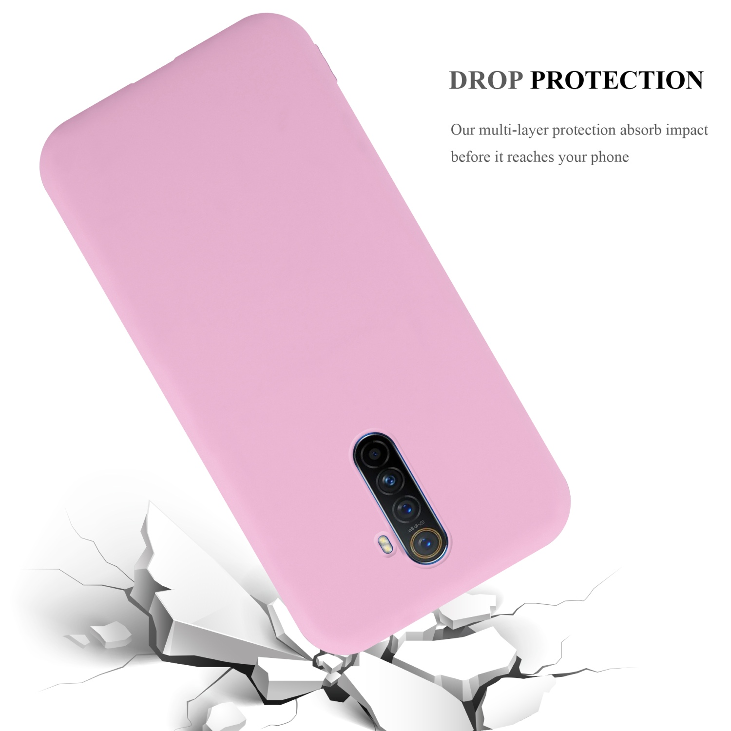 Una custodia per telefono rosa sta cadendo, con un telefono. Descrizione della protezione dalle cadute su sfondo bianco e terreno incrinato.