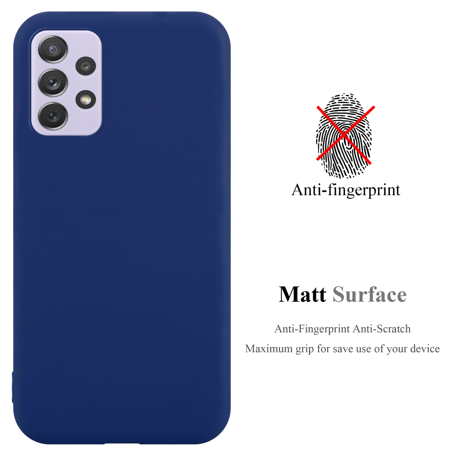 Custodia per telefono blu scuro con sezione fotocamera viola chiaro. Il testo indica anti-impronte e superficie opaca.