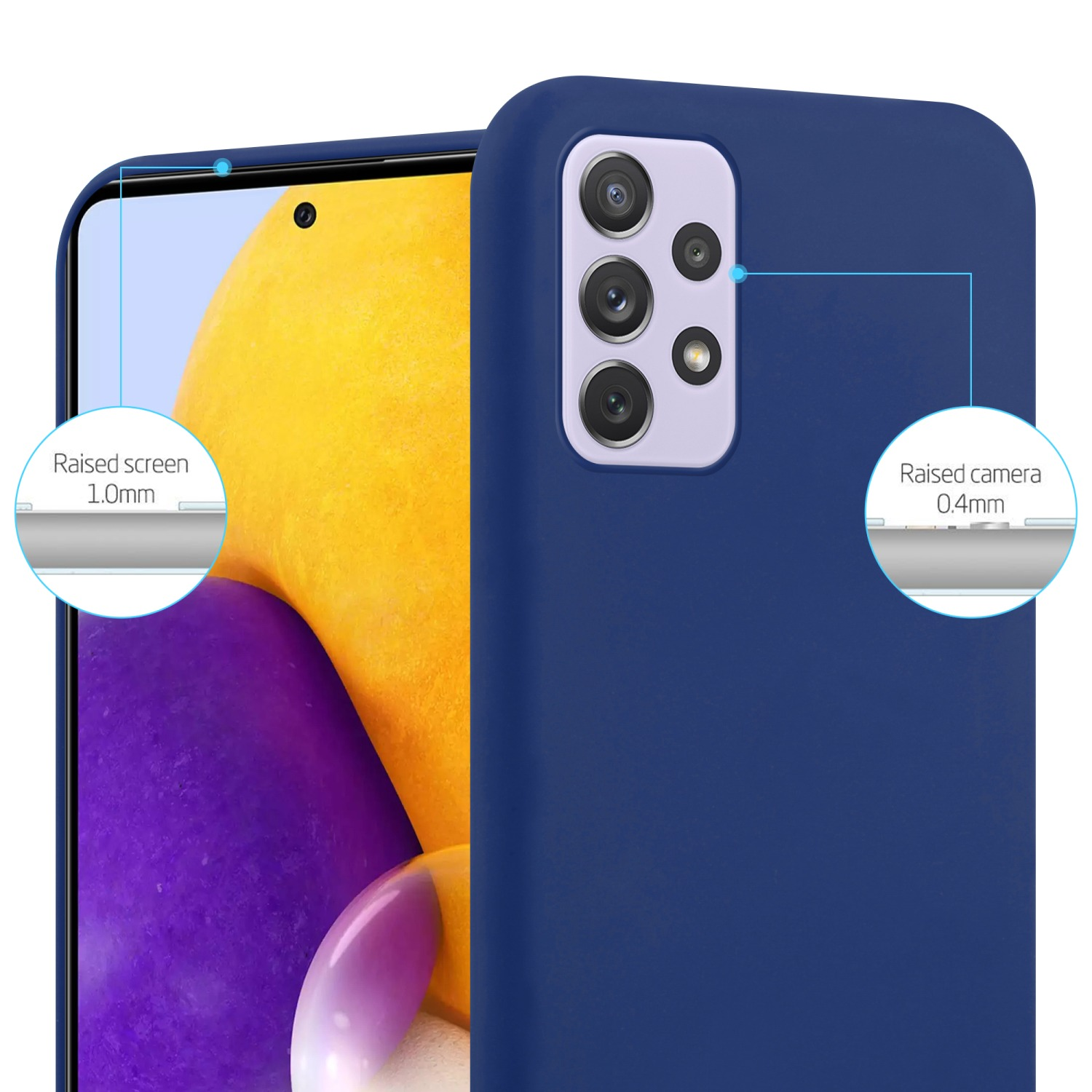 Custodia blu scuro con telefono. Dettagli di protezione schermo e fotocamera rialzati.