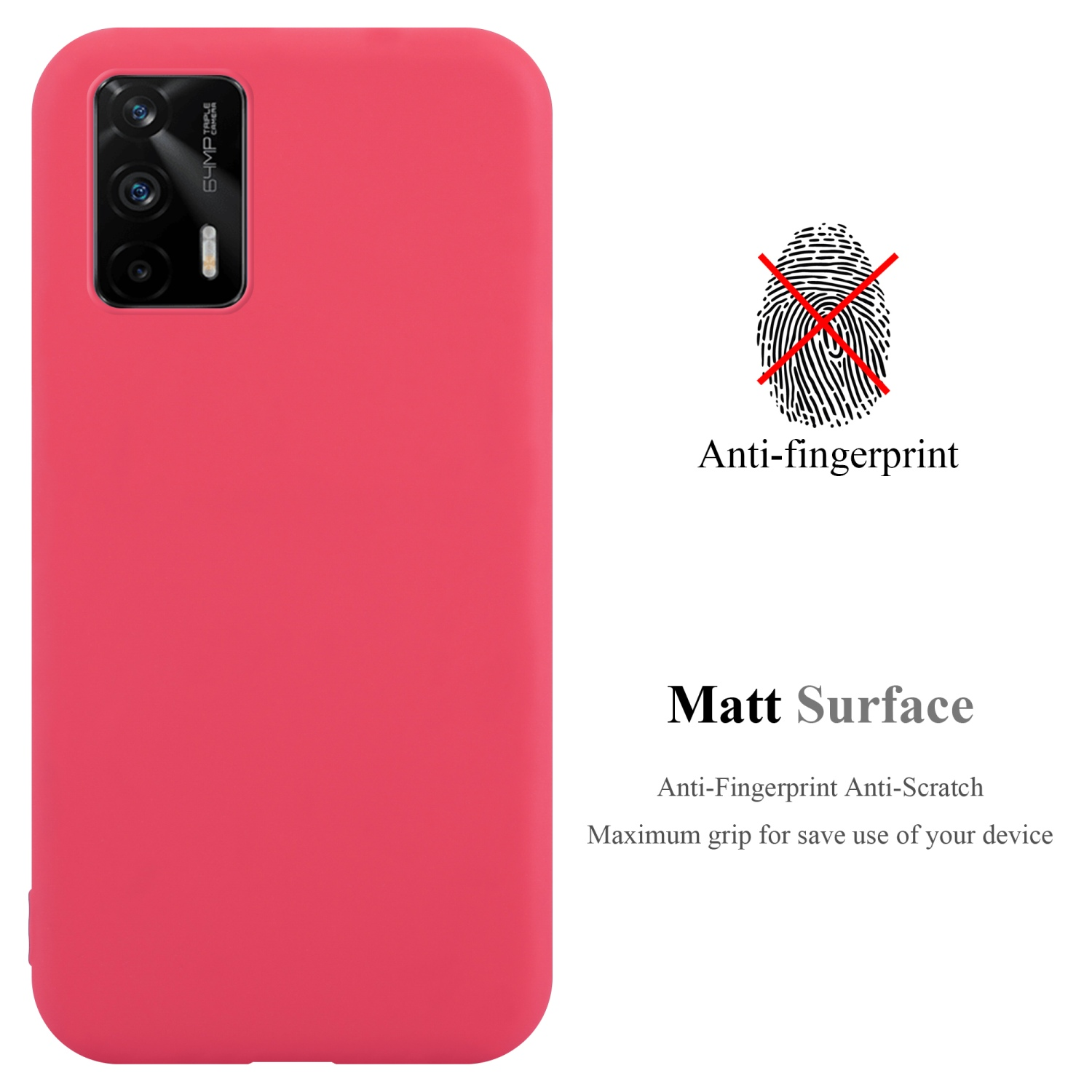 Rote Handyhülle mit Anti-Fingerabdruck-Funktionen. Text: 'Matt Surface'. Fingerabdrucksymbol durchgestrichen. 64MP Kamera.