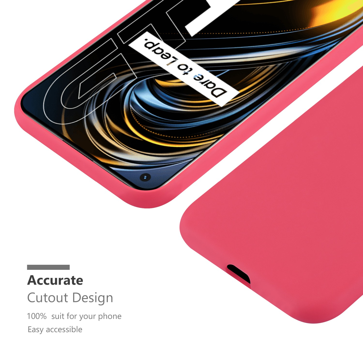 Eine rosa Handyhülle, mit dem Ausschnittdesign des Telefons. Der Text "Dare to leap" ist sichtbar.