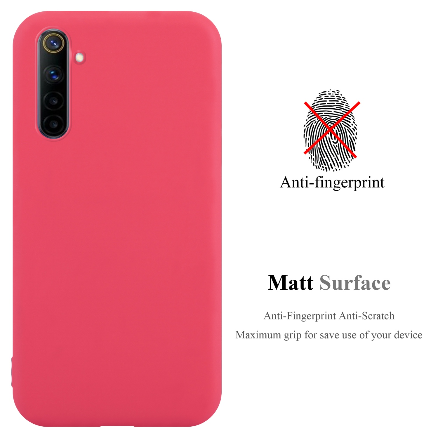 Eine rote Handyhülle mit rotem Telefon. Text: Anti-Fingerabdruck, matte Oberfläche, kratzfest, maximaler Grip.