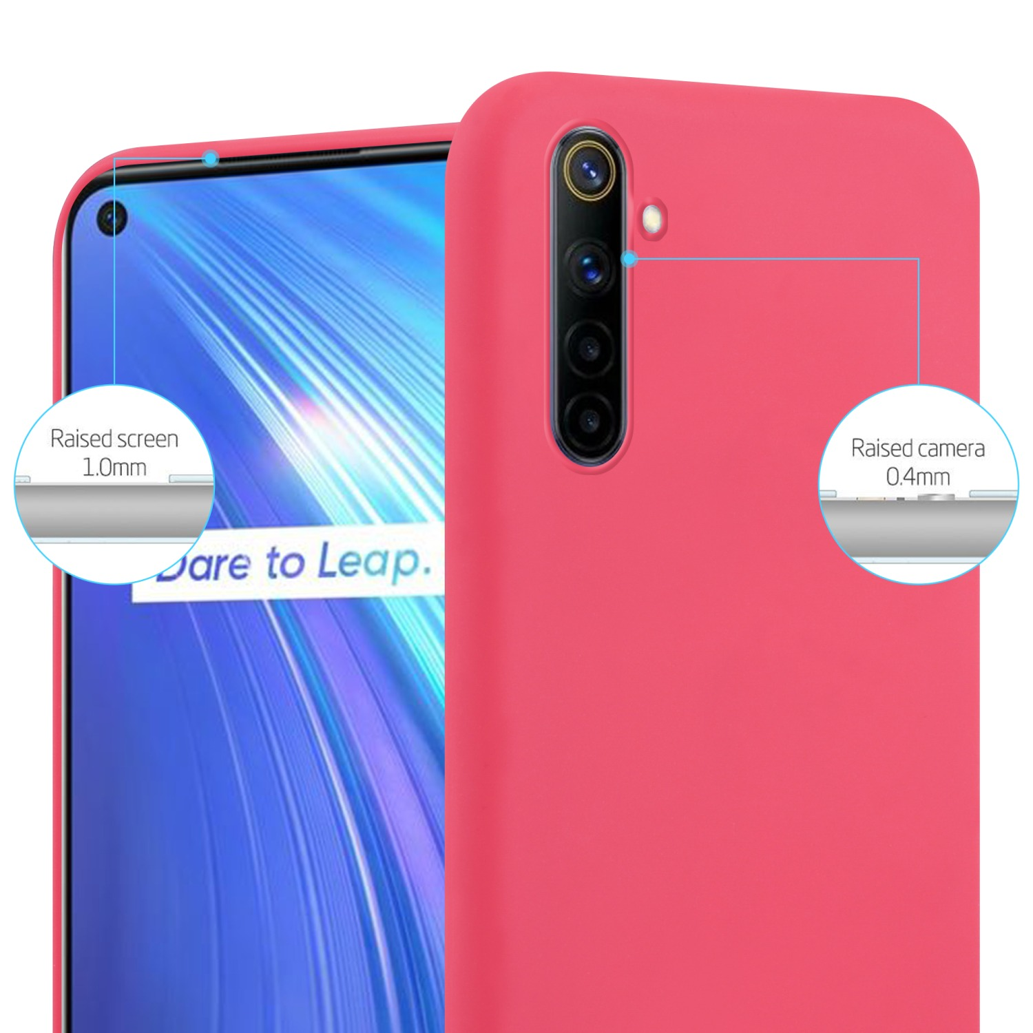 Pinkfarbene Handyhülle, zeigt ein Telefon darin. Hebt den erhöhten Bildschirm und die Kamera hervor.