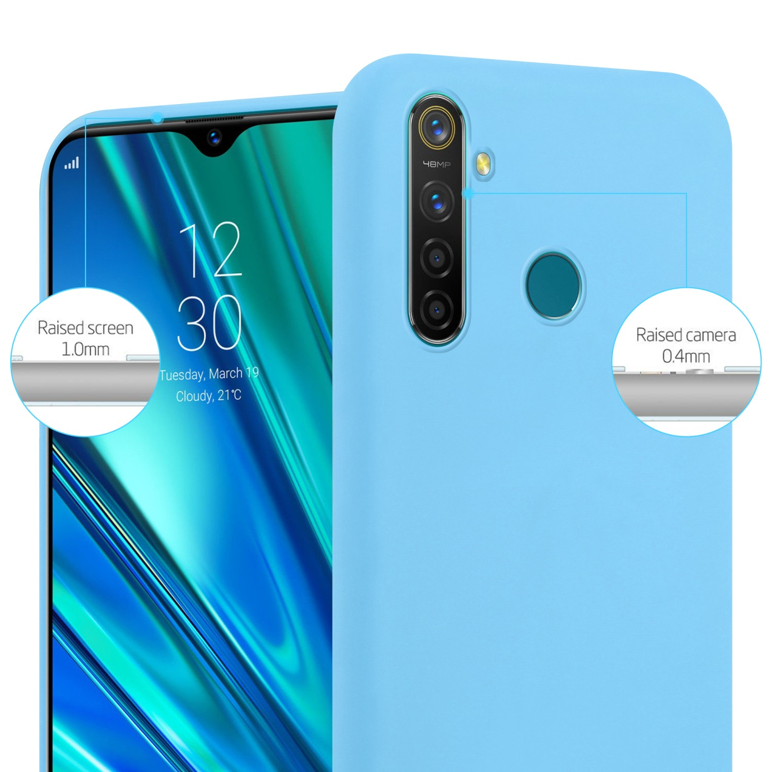Custodia per telefono blu con un telefono all'interno. Mostra il telefono con schermo e fotocamera rialzati.