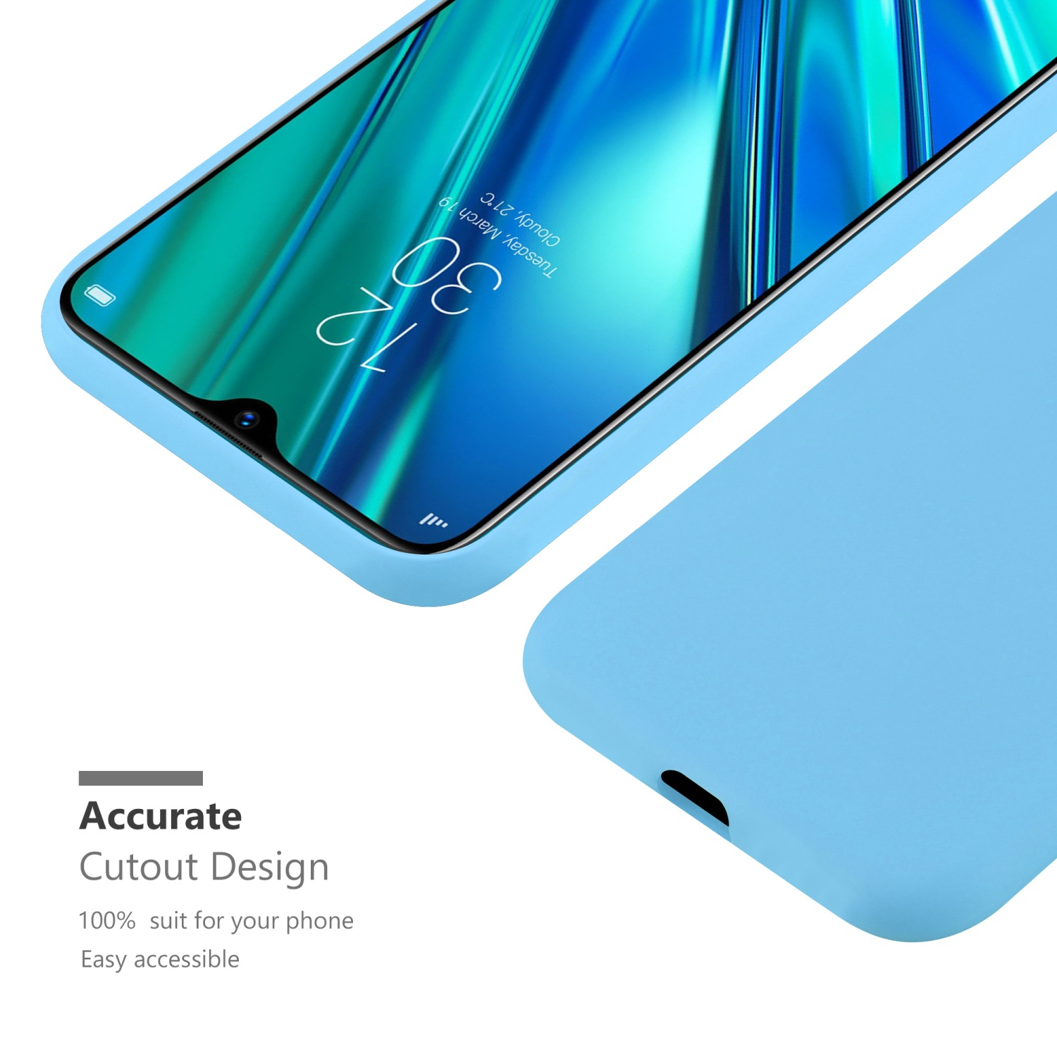 Custodia blu chiaro con telefono. Il telefono mostra ora e data.