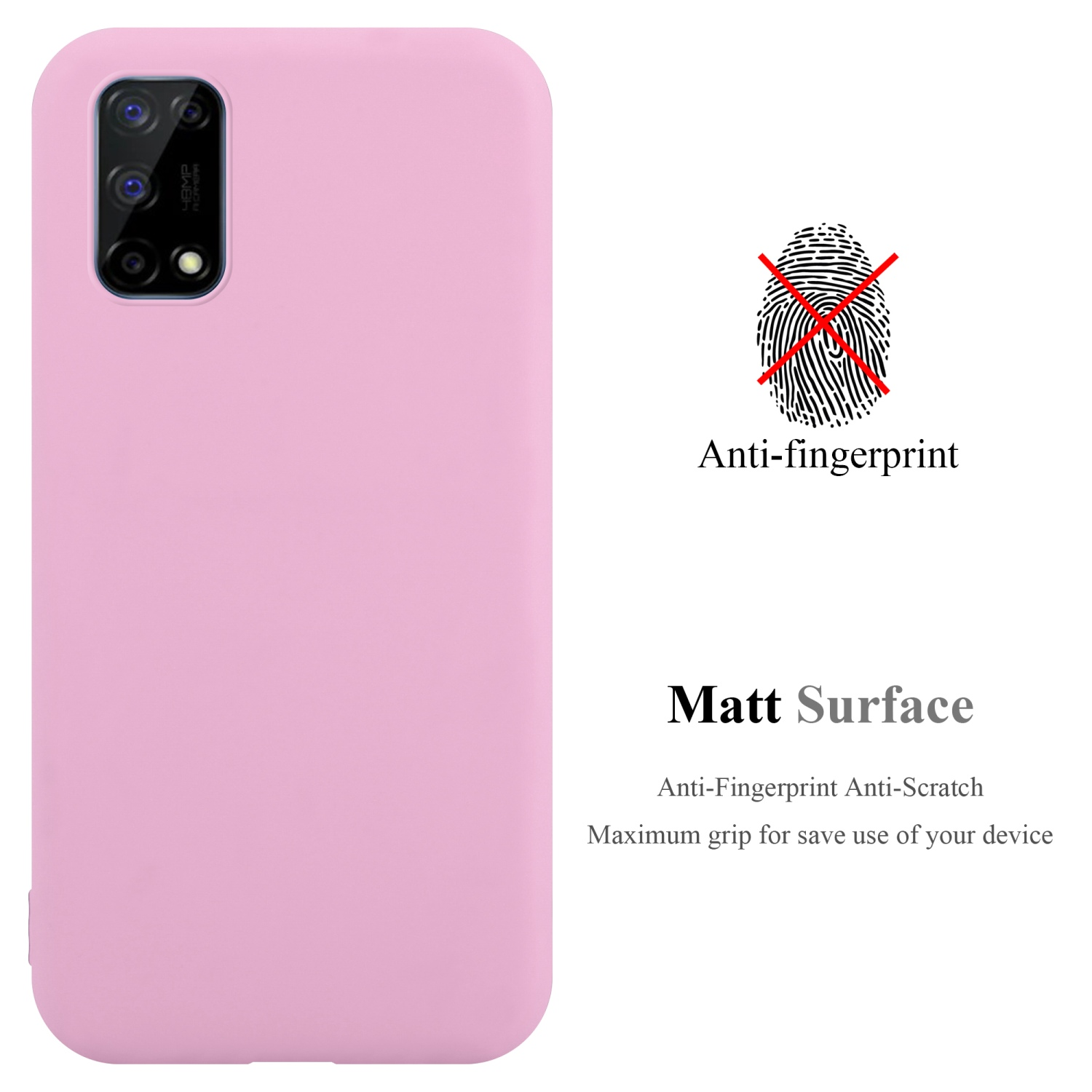 Custodia per telefono rosa con fotocamera. Il testo dice 'Anti-impronte' e 'Superficie opaca'.
