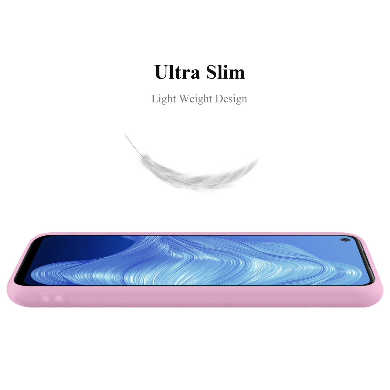 Custodia per telefono rosa. Il testo recita Ultra Slim e Light Weight Design. Sfondo bianco.