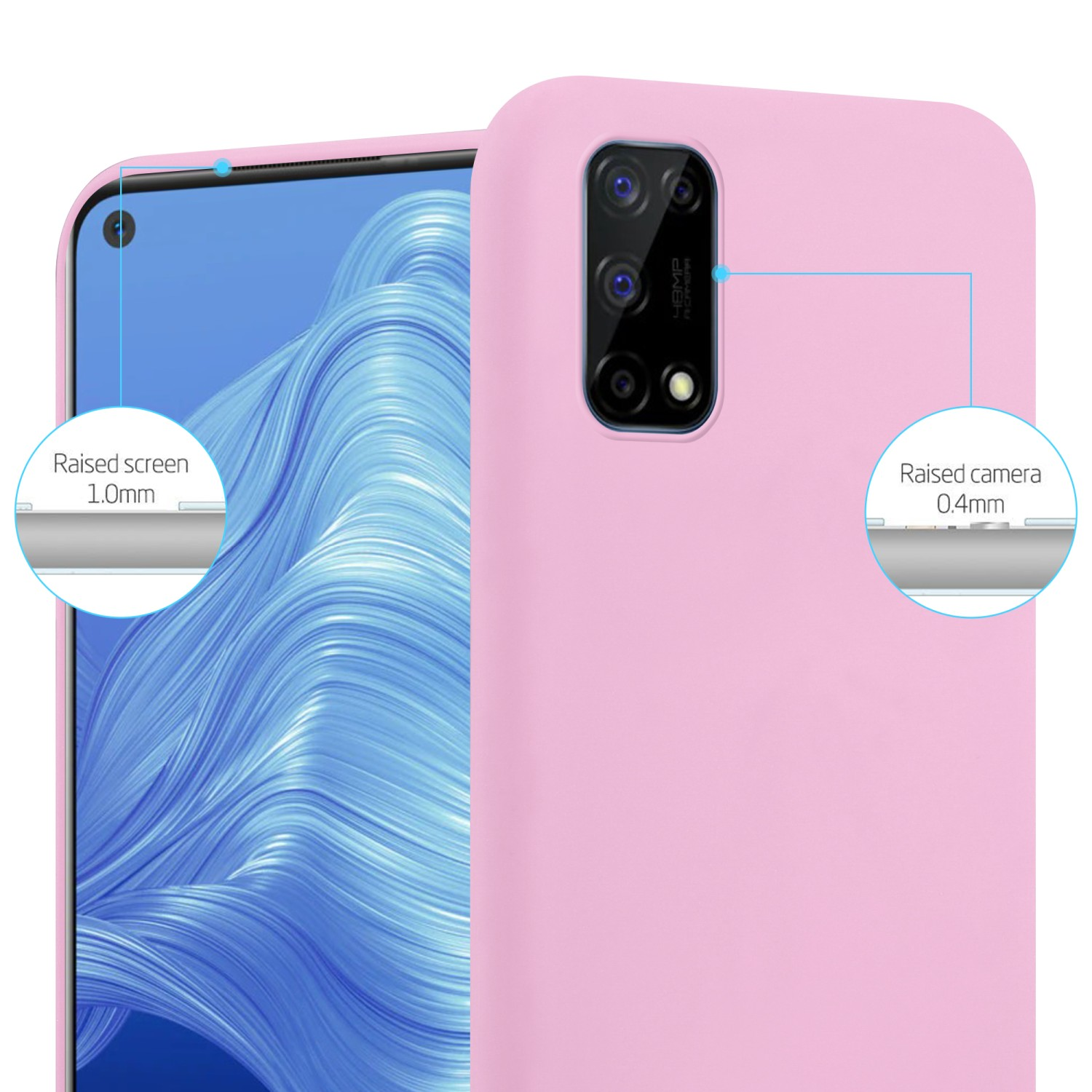 Custodia per telefono rosa, con schermo e fotocamera rialzati e dettagli ravvicinati. Testo: 'Schermo rialzato 1,0 mm'.