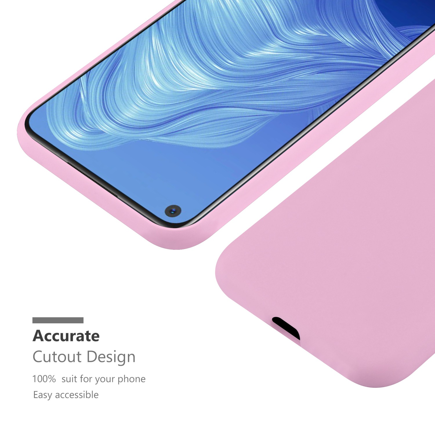 Custodia per telefono rosa, primo piano. Mostra lo schermo del telefono con un'immagine blu e il bordo della custodia.