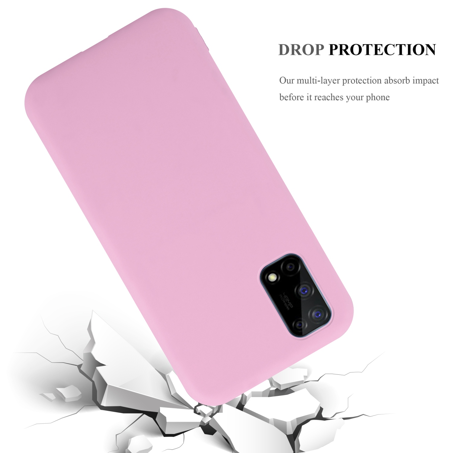Custodia rosa con telefono e testo di protezione. Telefono che cade.