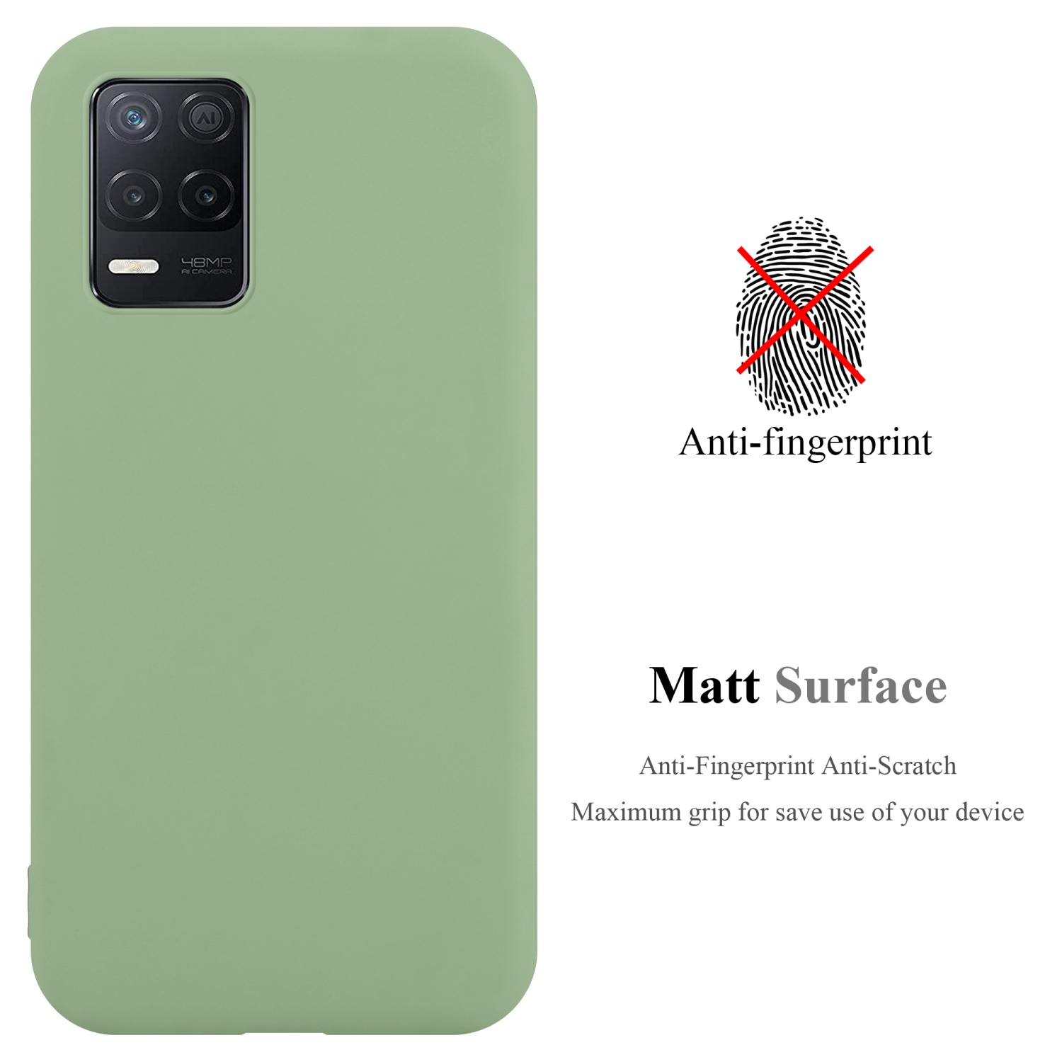 Custodia per telefono verde con telefono. Il testo dice 'anti-impronta' e 'superficie opaca'.