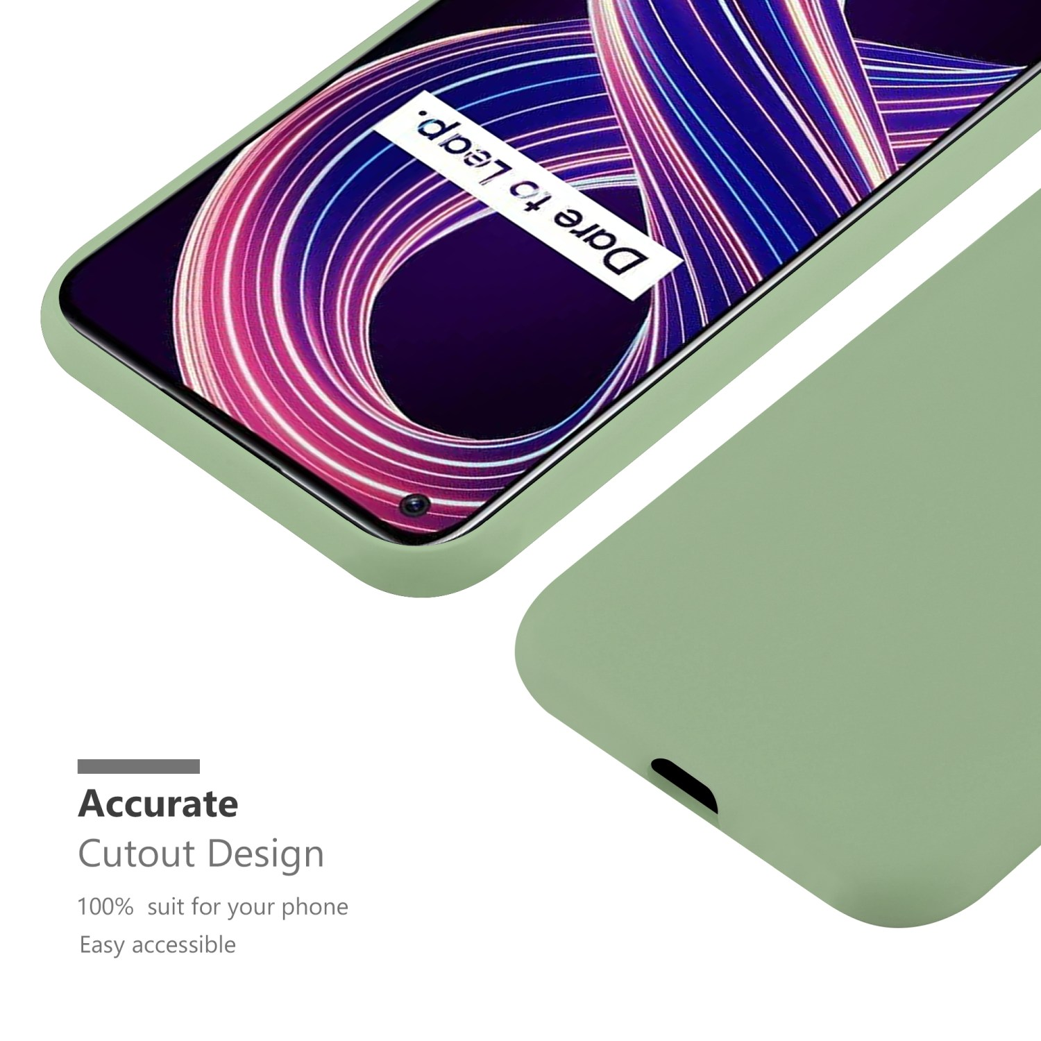 Custodia verde per telefono angolata, che mostra lo schermo. Il telefono visualizza le parole 'Dare to Leap'.