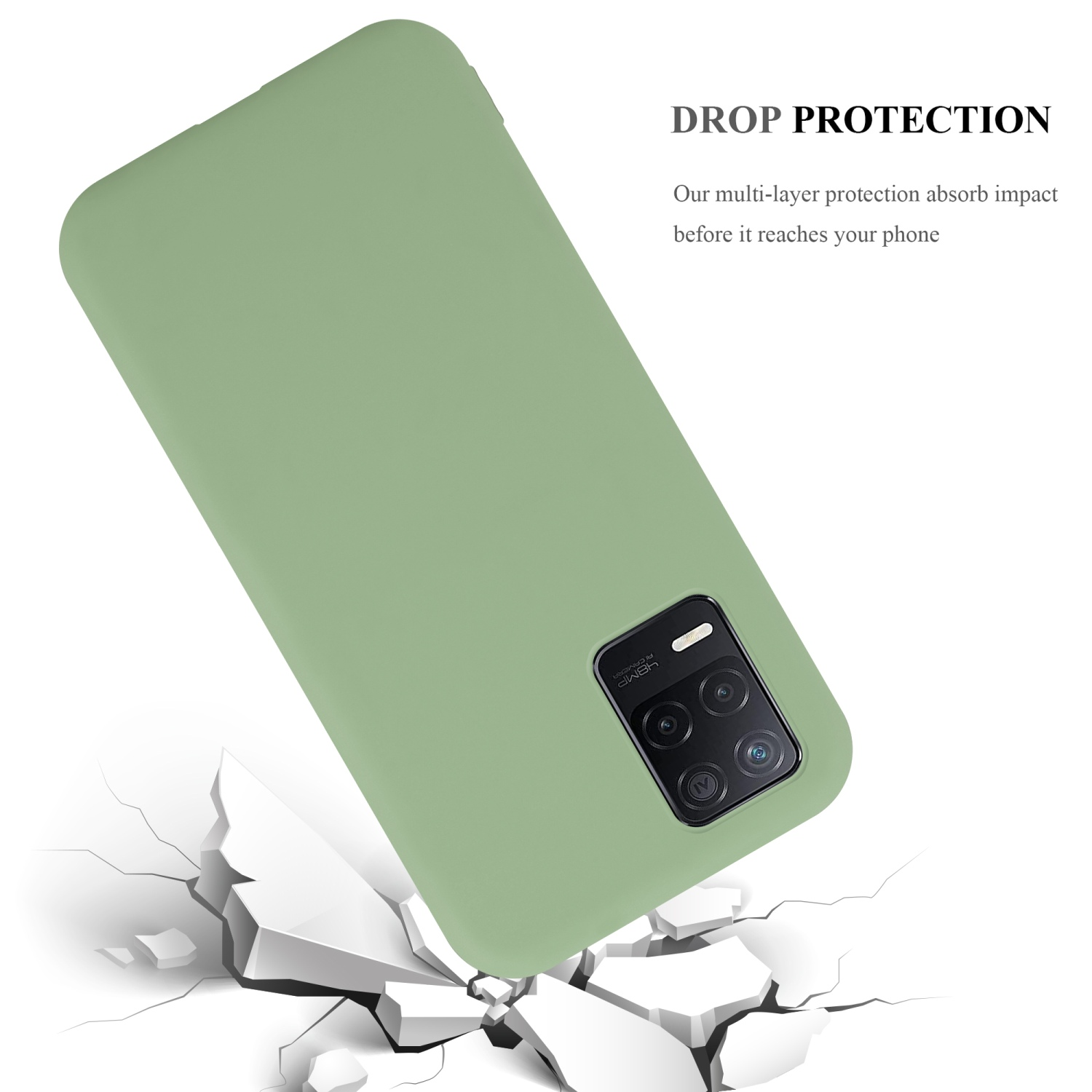 Una custodia verde per telefono che cade su un terreno incrinato, mostrando protezione dalle cadute. La fotocamera del telefono è visibile.