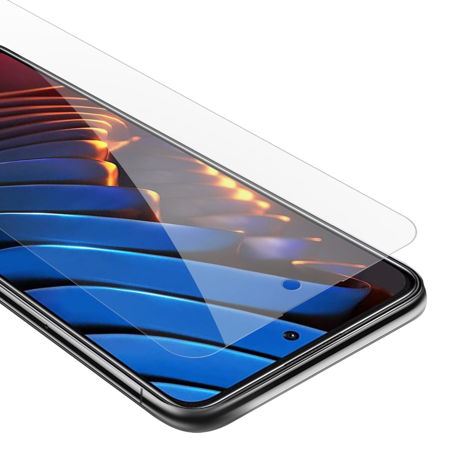 Primo piano di uno schermo del telefono con protezione applicata. Lo schermo è nero.