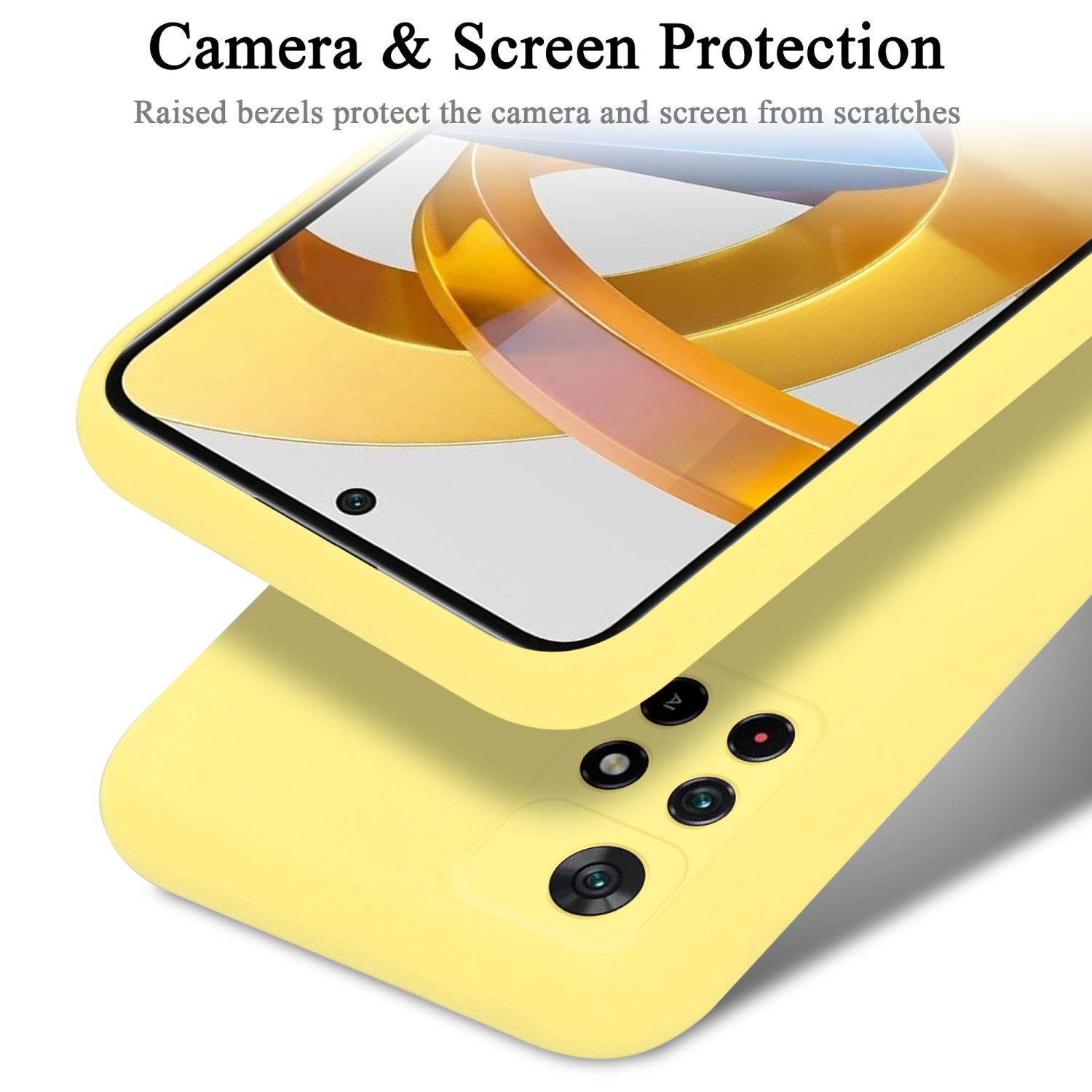 Custodia per telefono gialla con protezione dello schermo e della fotocamera. Lunette rialzate.