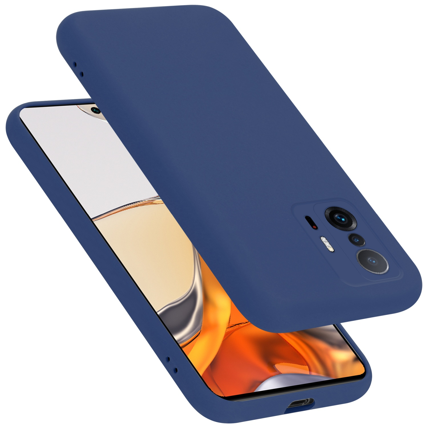 Blaue Handyhülle und ein Handy mit schwarzem Bildschirm. Die Hülle ist angehoben.