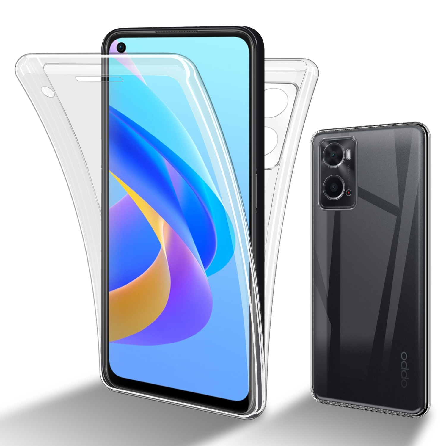 Telefono con custodia trasparente. Un altro telefono a destra. Lo sfondo dello schermo è blu.