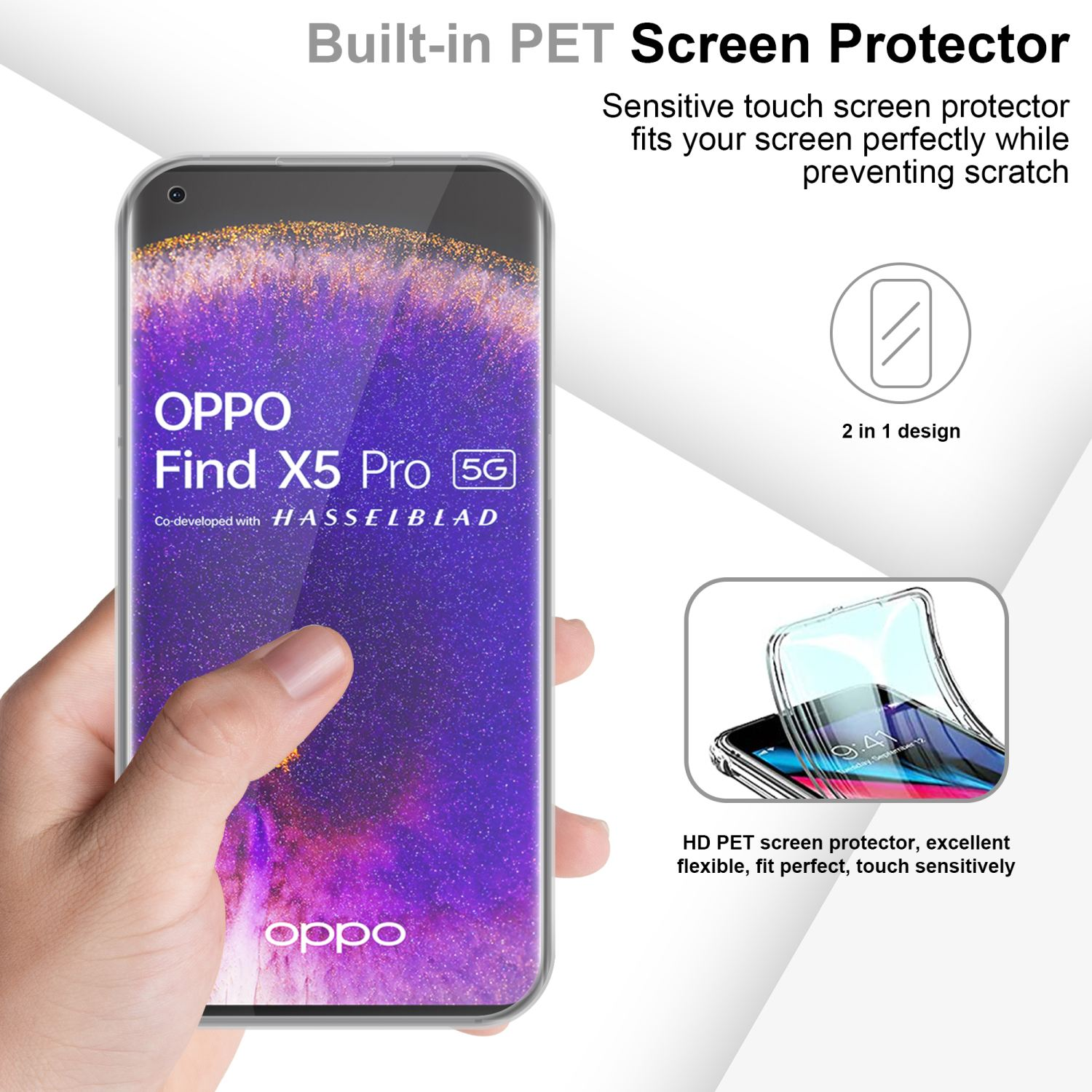 Custodia trasparente per telefono con protezione schermo. Il telefono è marchiato 'OPPO Find X5 Pro 5G'.