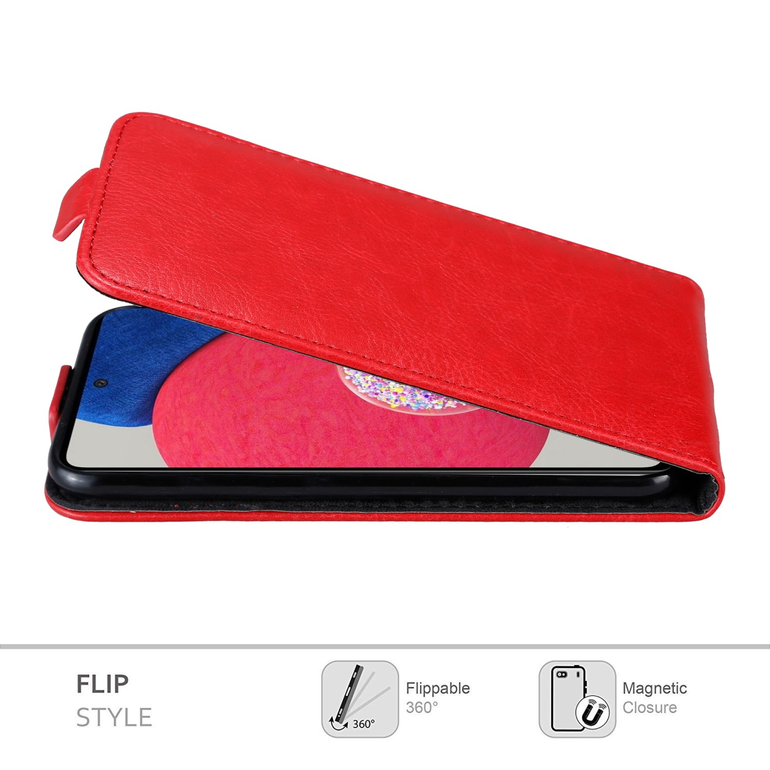 Rote Flip-Handyhülle geöffnet. Telefon ist innen. Text: Flip-Stil, umklappbar 360, Magnetverschluss.
